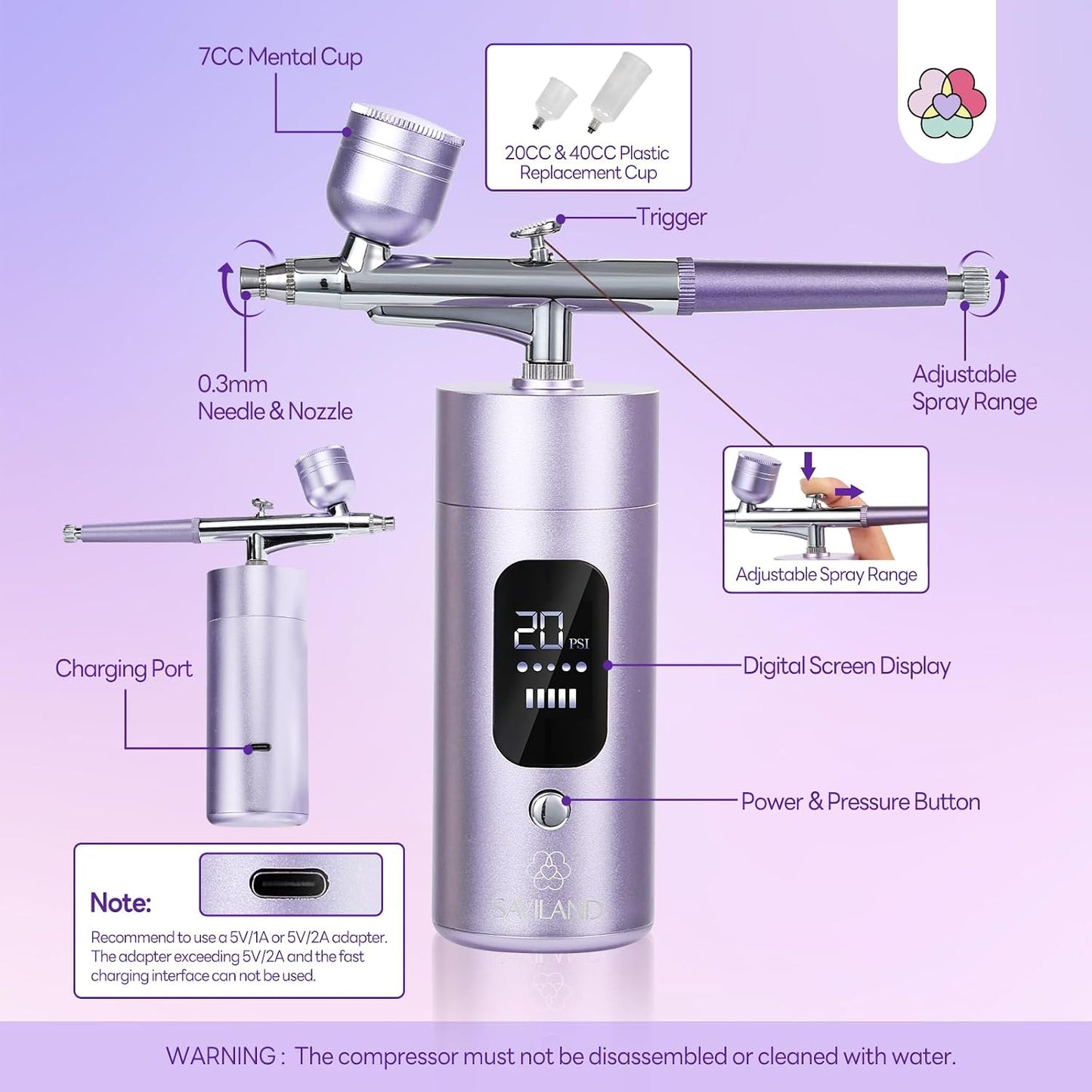 SAVILAND Airbrush Kit for Nails - 30 PSI LCD Display | Cordless Nail Art Machine with 0.3mm Nozzle