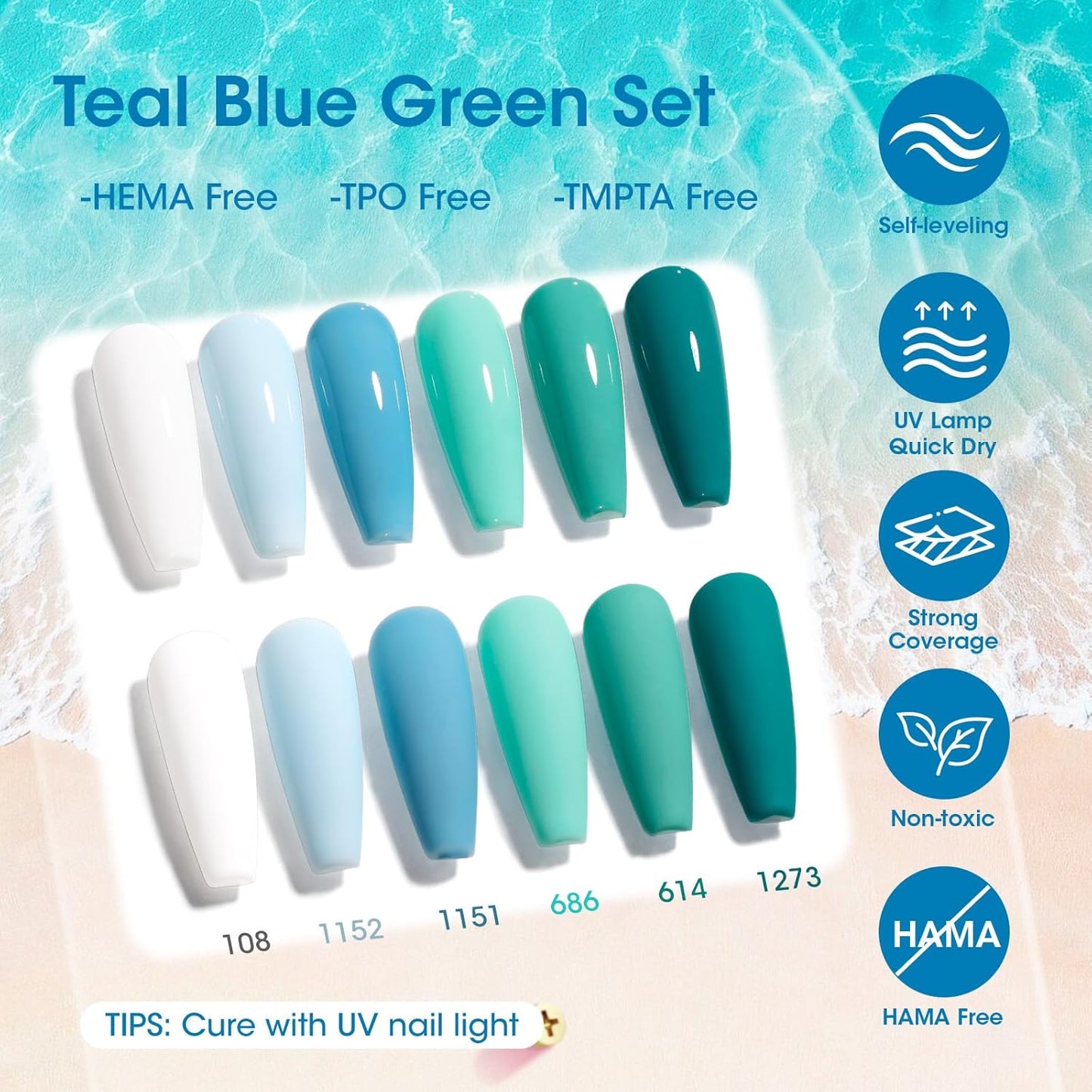 Teal Green Blue Gel Nail Polish - 6-Color Semi-Permanent Formula | No Wipe, Glossy Finish, HEMA & TPO Free