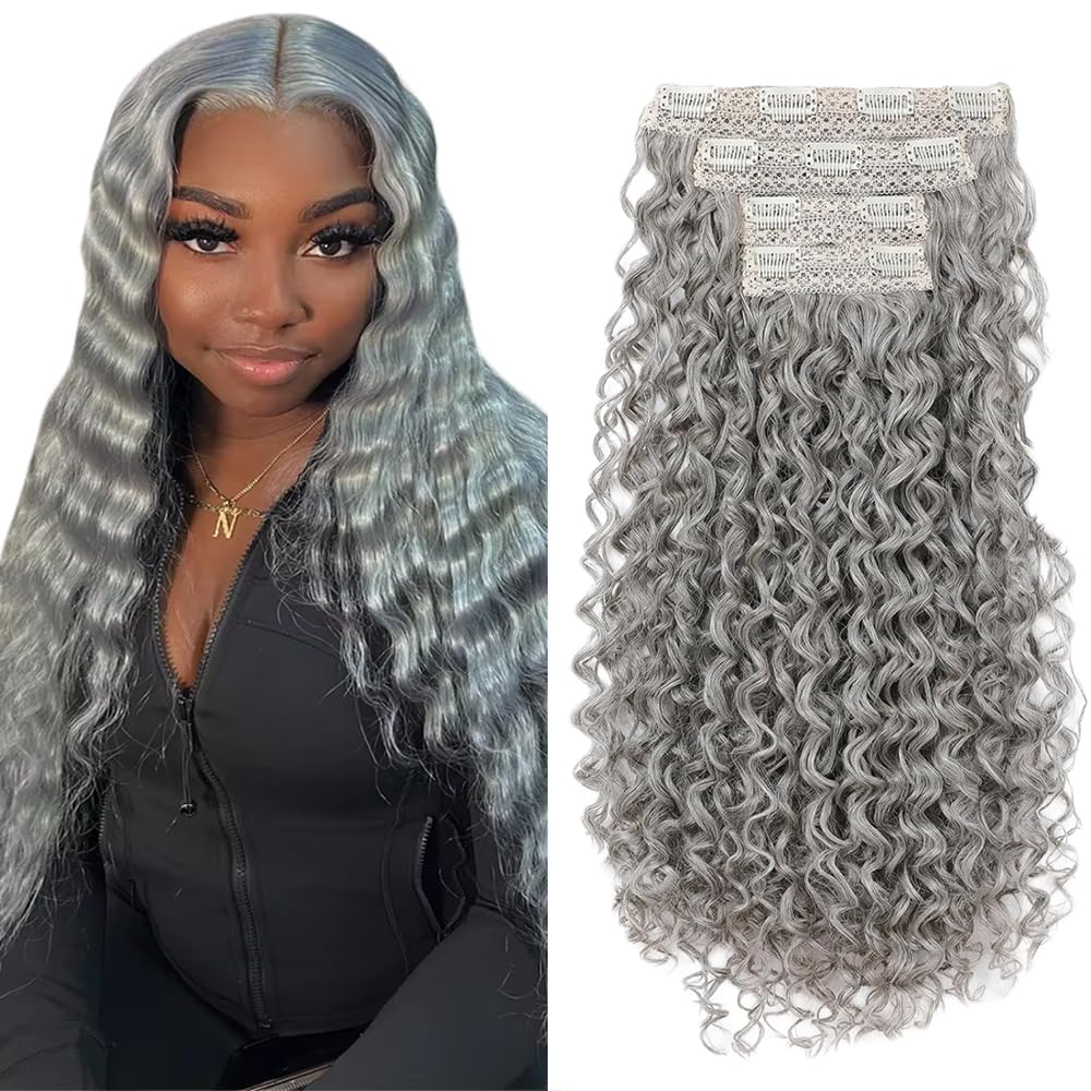 Grey Clip in Hair Extensions Real Human Hair,16 Inch 120g/7Pcs,Full Shine Sliver Remy Human Hair,Gray Deep Wave Clip ins Brazilian Virgin Human Hair Extensions