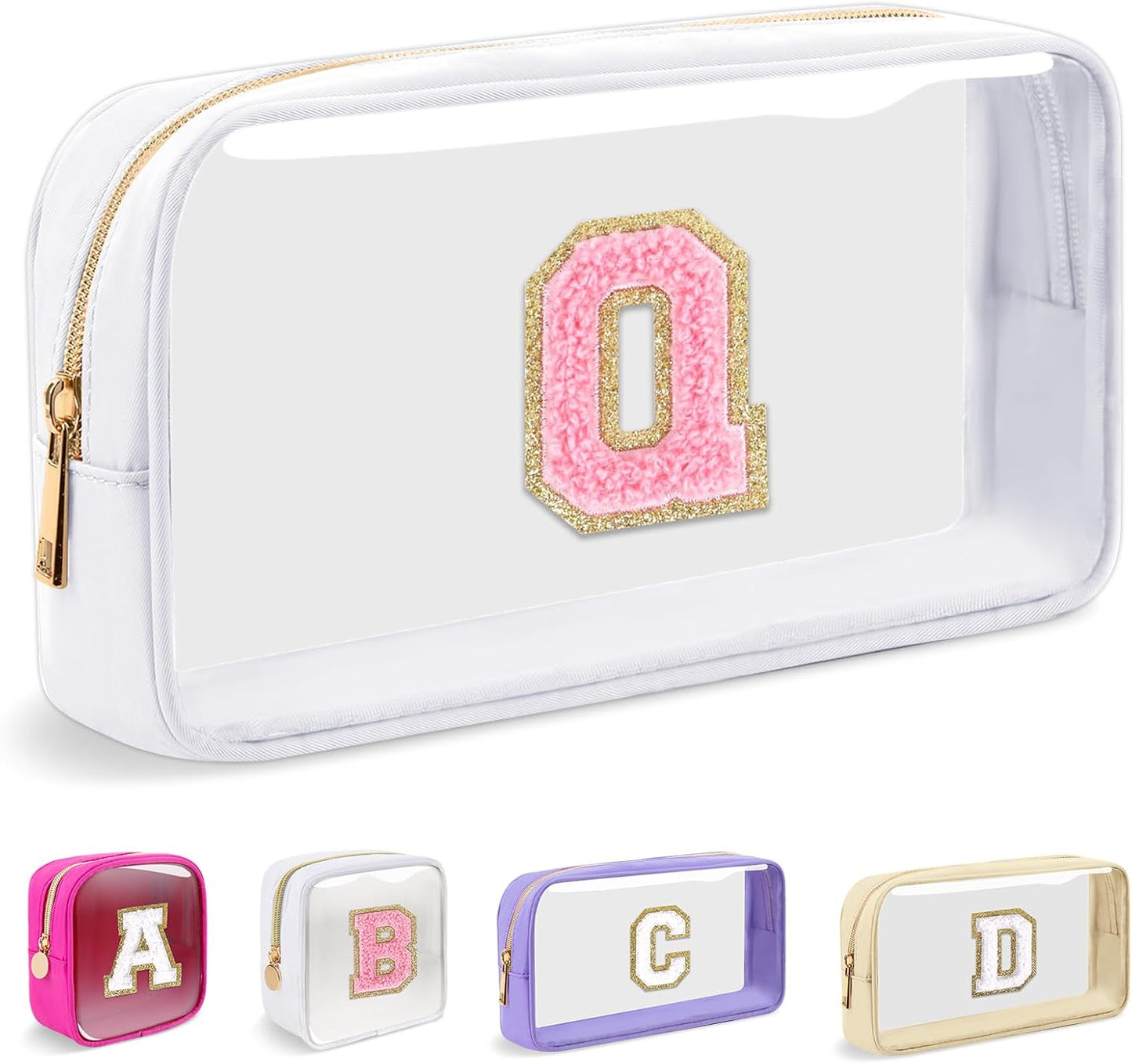 Personalized Initial Makeup Bag - Waterproof Nylon Cosmetic Pouch | A-Z Chenille Letter Patch, White-Pink G