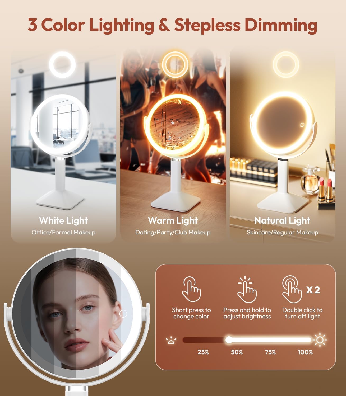 Lighted Makeup Mirror - 30X Magnifying Vanity Mirror with Adjustable Height & 3 Color Dimming | Rechargeable 4000mAh Battery
