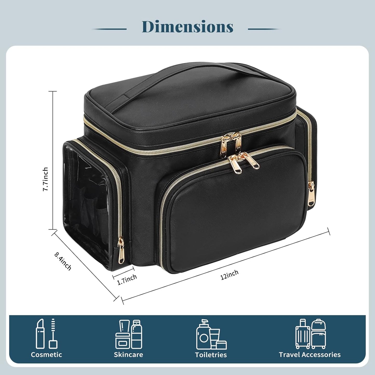 Large Makeup Bag Organizer for Women - Portable Travel Cosmetic Bag with Brush Compartment & Side Pockets | Black