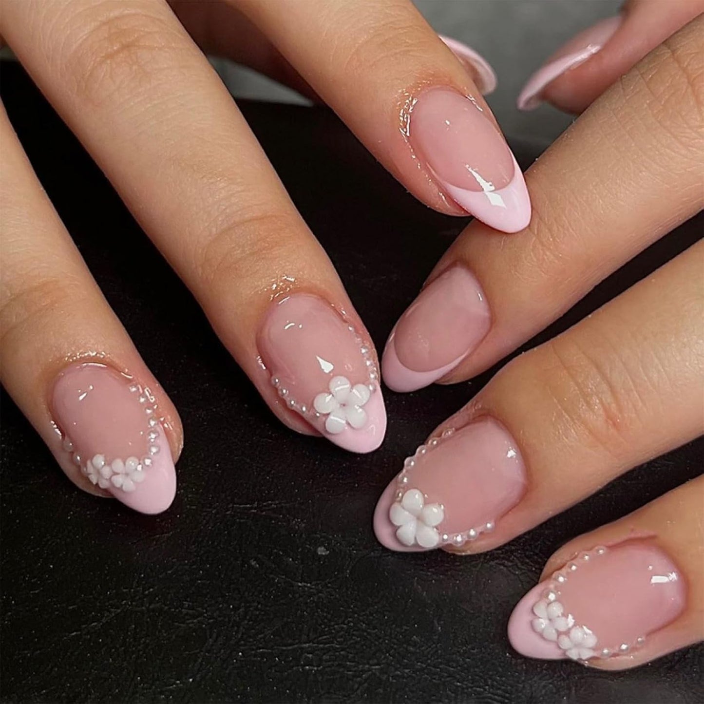 3D Blueberry Flower Press-On Nails - Medium Almond Shape with Pearl & Gold Beads | Reusable Glossy Blue French Tips for Summer Parties