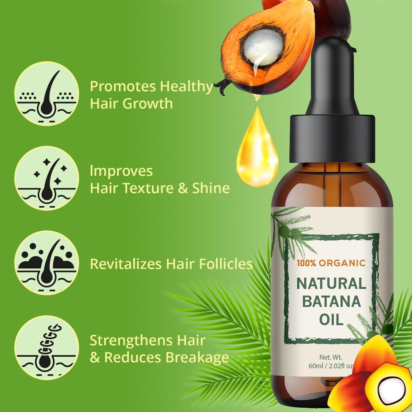 Batana Oil for Hair Growth – Dr Sebi Honduran Hair Oil for Thicker, Stronger Hair, Repairs Split Ends & Dry Scalp, Supports Hair Regrowth for Men & Women, Natural Hair Moisturizer (2.02 fl oz)