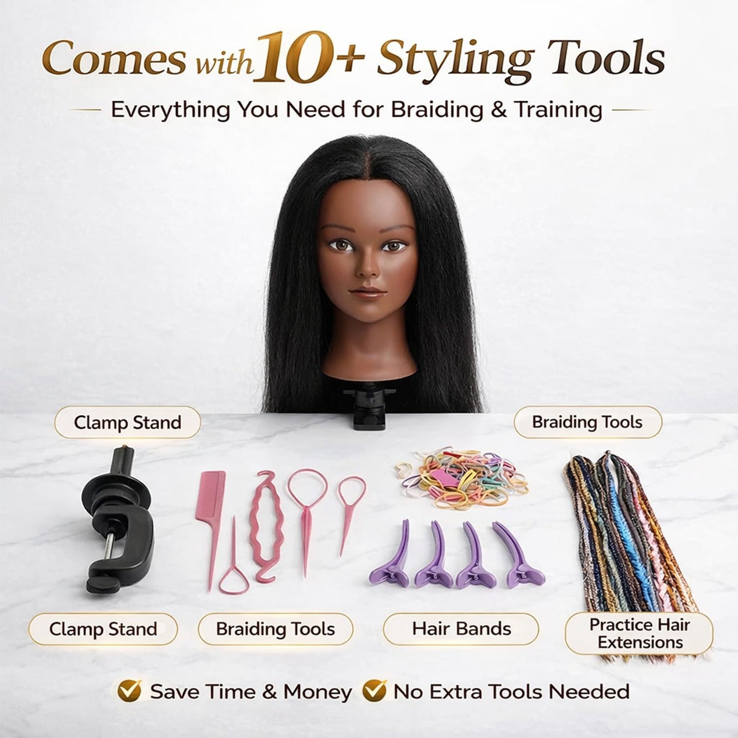 Mannequin Head Human Hair 16 Inch, 100% Real Human Hair Cosmetology Mannequin Head with Clamp Stand, Professional Hair Manikin Doll Head for Braiding, Styling & Hairdresser Training (Black-16inch)