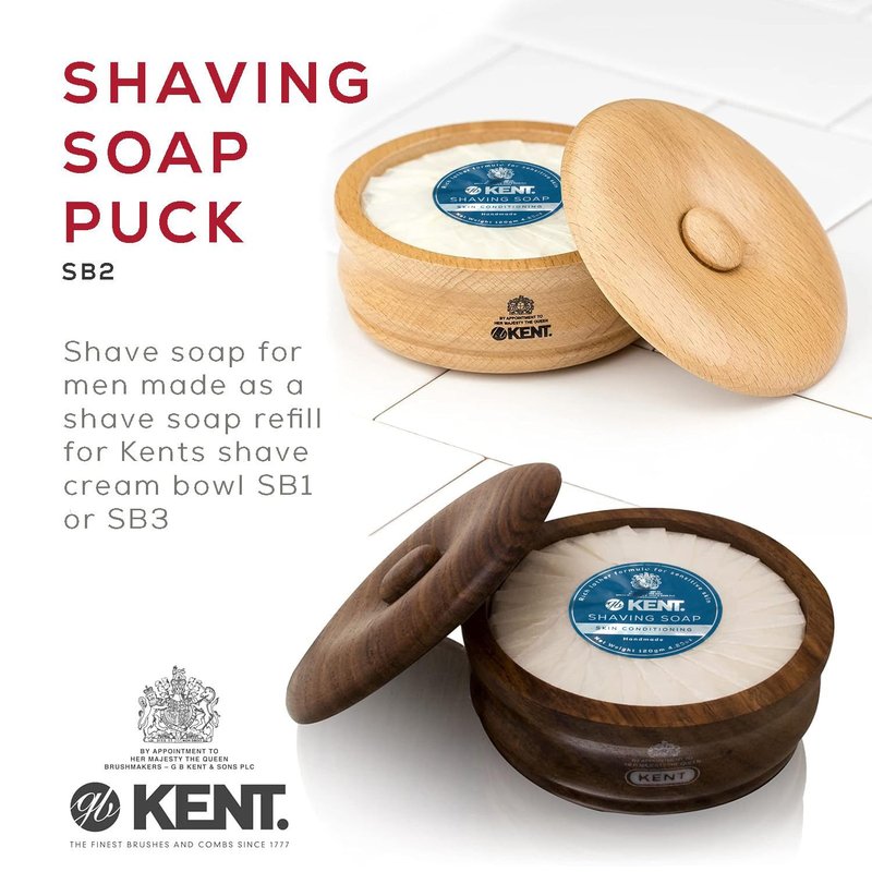 Kent SB2 Shaving Soap Puck Refill for Men for Shaving Soap Bowl Use with Shaving Brush for Men, Luxury Shave Barber Soap Made with Extracts of Coconut, Sgea, Jaboba Made in England