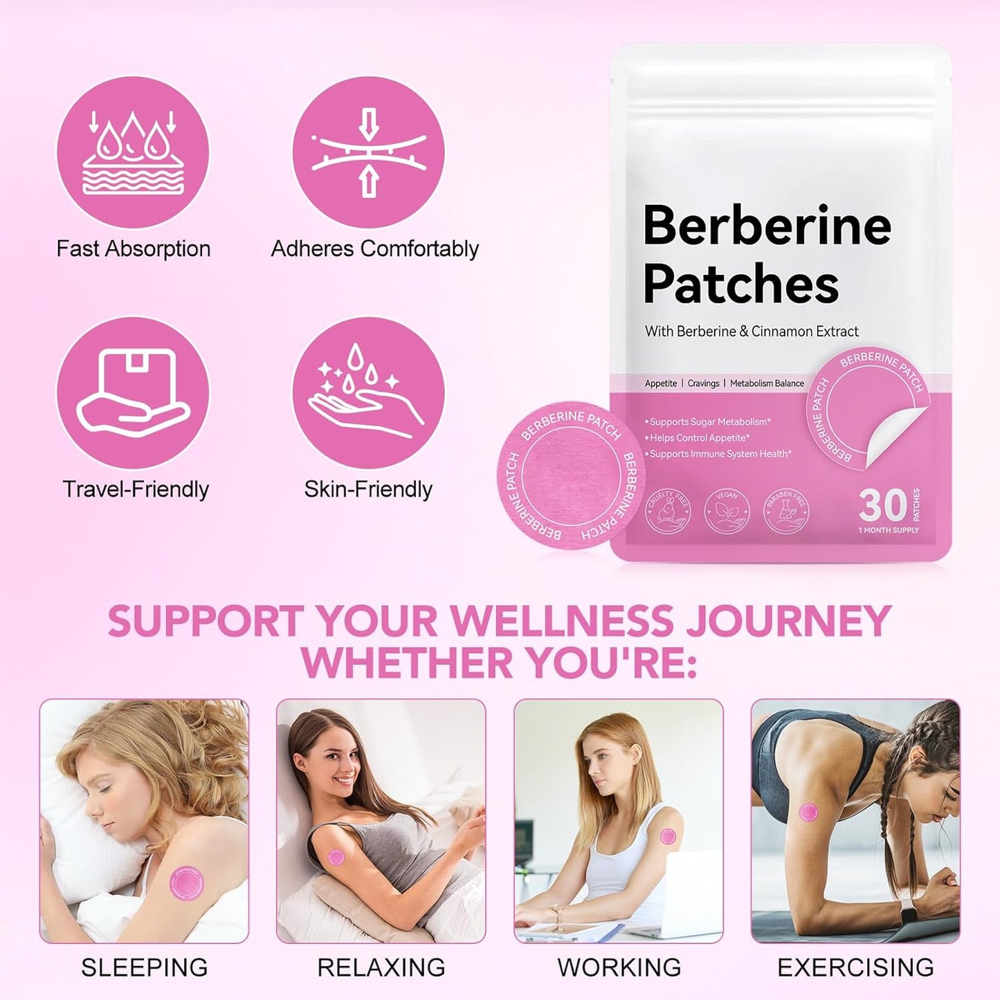 Berberine Patches - 8-Hour Long-Lasting Formula with Cinnamon & Pomegranate | 30 Count for Targeted Support