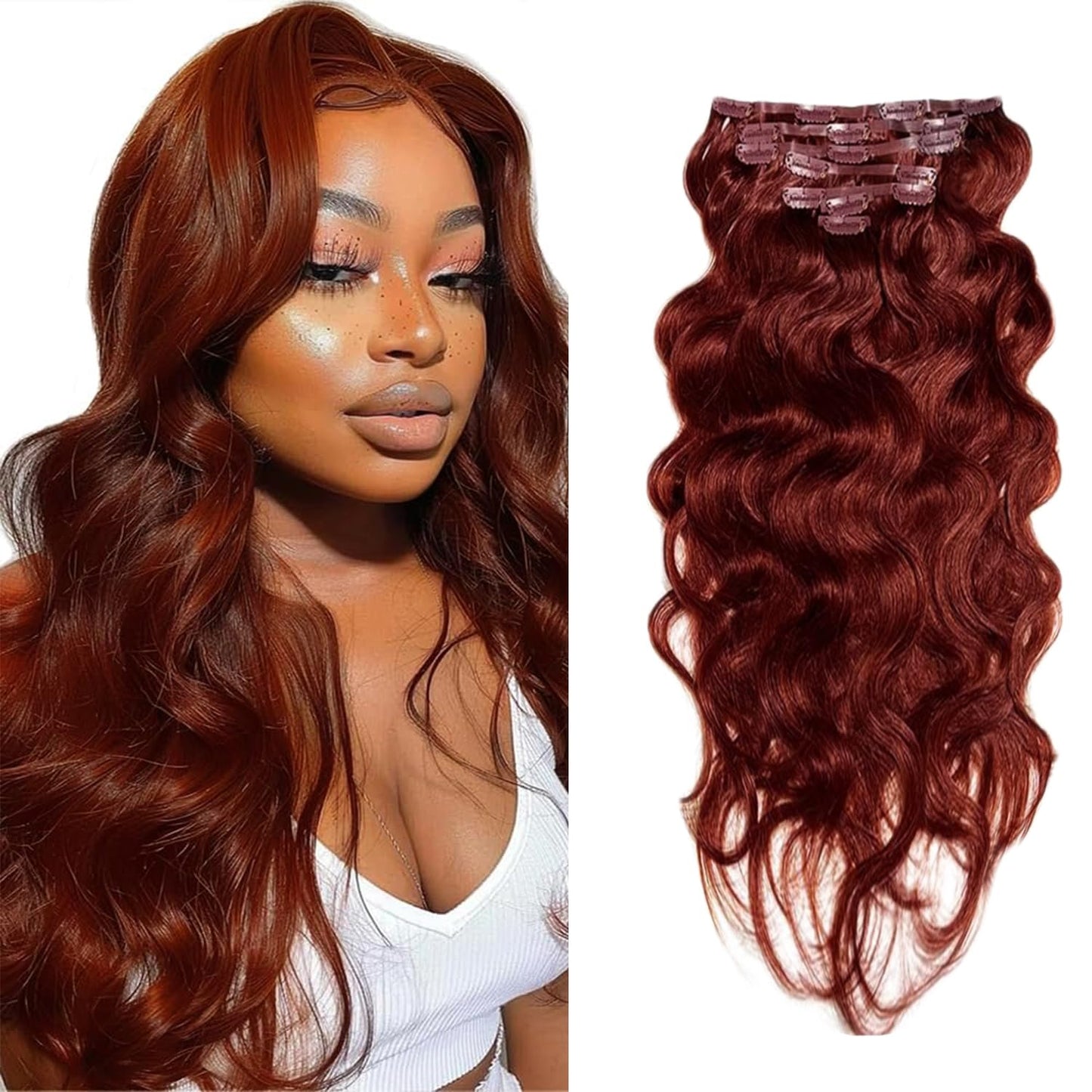 #33 Reddish Brown Clip in Hair Extensions Real Human Hair, 32 Inch 120g/7Pcs,Full Shine Remy Human Hair,Copper Red Long Wave Clip ins Brazilian Virgin Human Hair Extensions
