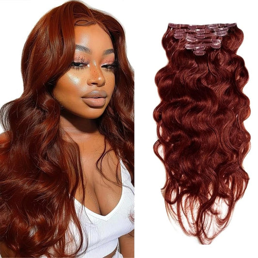 #33 Reddish Brown Clip in Hair Extensions Real Human Hair, 32 Inch 120g/7Pcs,Full Shine Remy Human Hair,Copper Red Long Wave Clip ins Brazilian Virgin Human Hair Extensions