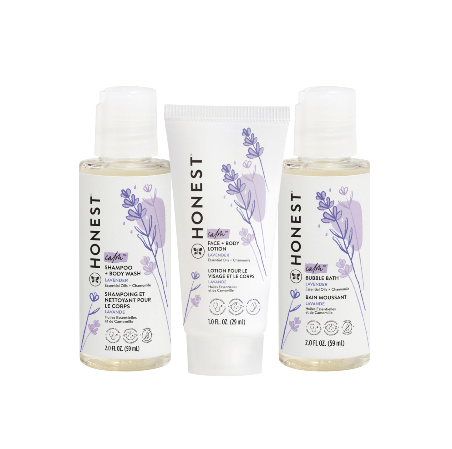 The Honest Company Babe's Mini Must Haves Gift Set Travel Size Hypoallergenic Lavender Bathtime Essentials Shampoo Body Wash (2 fl oz) Face Lotion (1 Bubble Bath