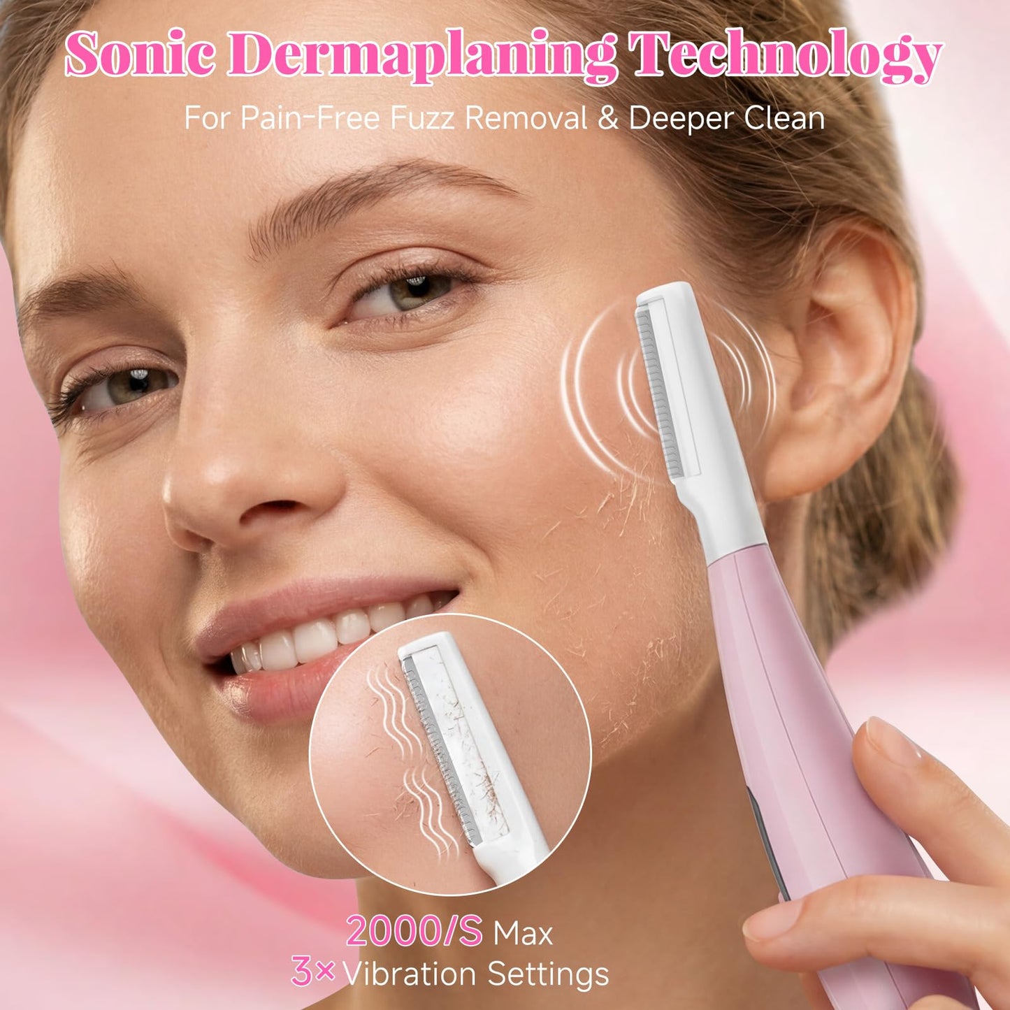 Sonic Dermaplane Razor for Women Face, Gentle Peach Fuzz Removal & Exfoliation with 3 Speeds, Rechargeable Dermaplaning Tool with 8 Blades & Facial Oil