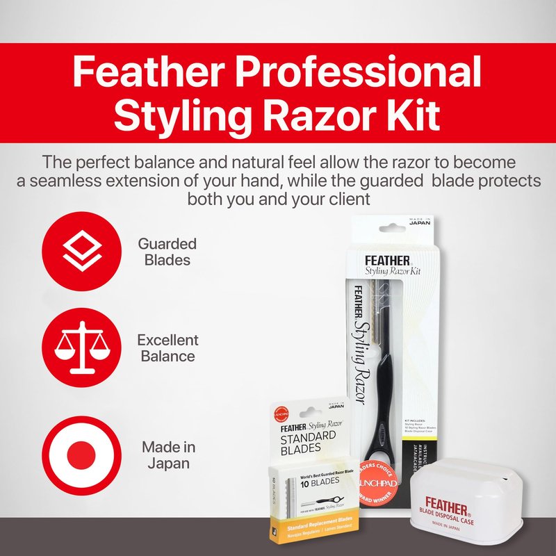 Feather - Standard Styling Razor Kit – Ergonomic 7.25 inch Black Razor Handle, 11 Guarded Replacement Blades & Metal Disposable Case – Japanese Stainless Steel - Made in Japan