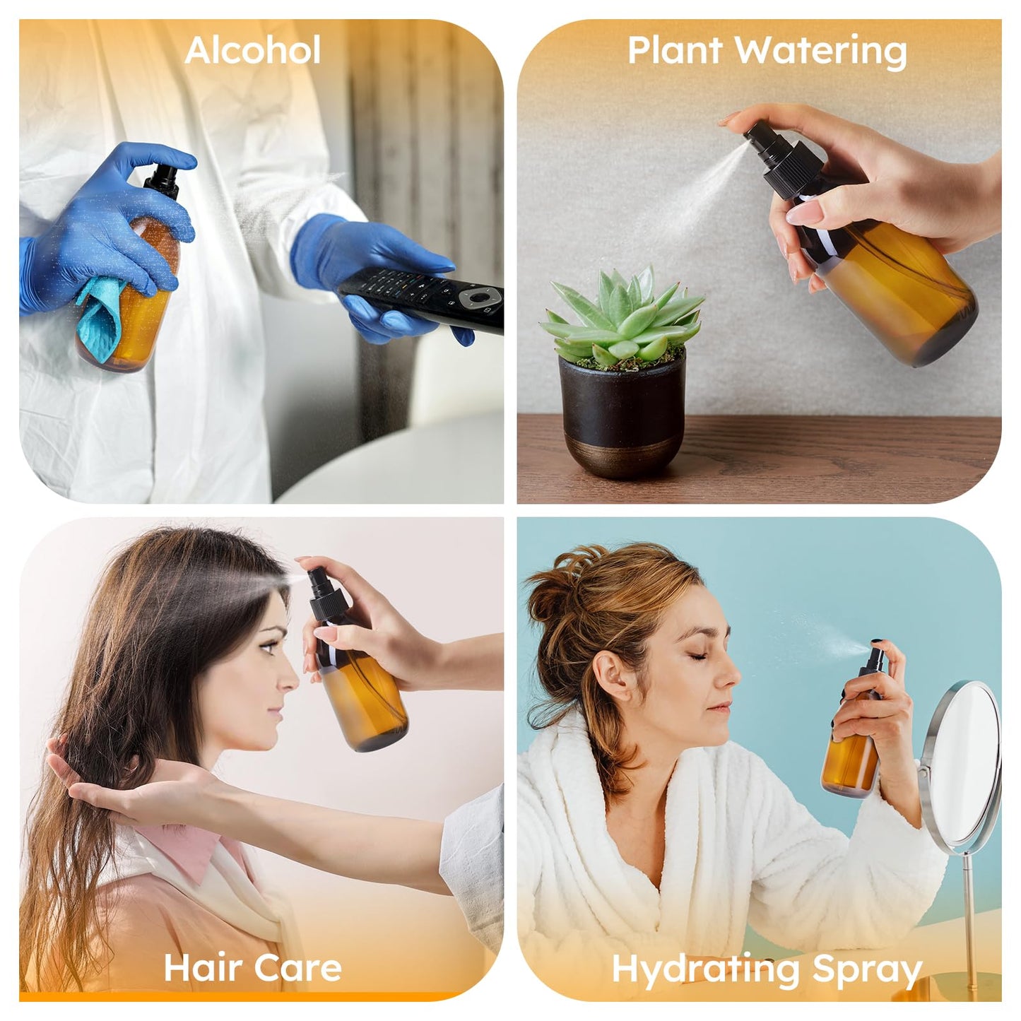 Tecohouse Amber Glass Spray Bottles 8.8 oz, 3 Pack Empty Spray Bottle for Essential Oils, Small Glass Bottles for Cleaning Solutions, Plants, Hair with Durable Nozzle, Labels, Funnel