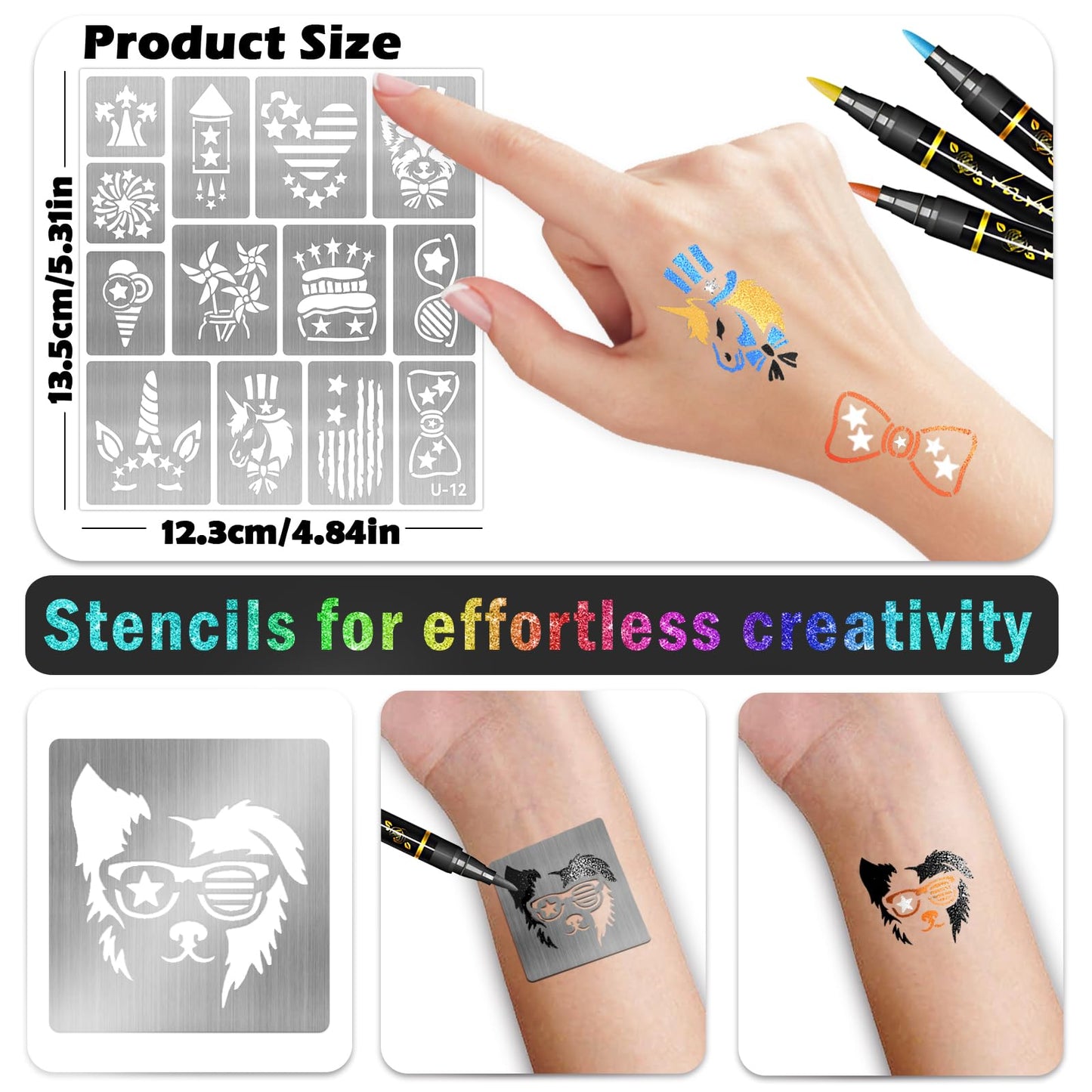 Independence Day Temporary Tattoo Marker, 8 Metallic Tattoo Markers with 12 USA 4th of July Tattoo Stencils, Face and Body Paint Tattoo Pens for Independence Day Party Favors Supplies