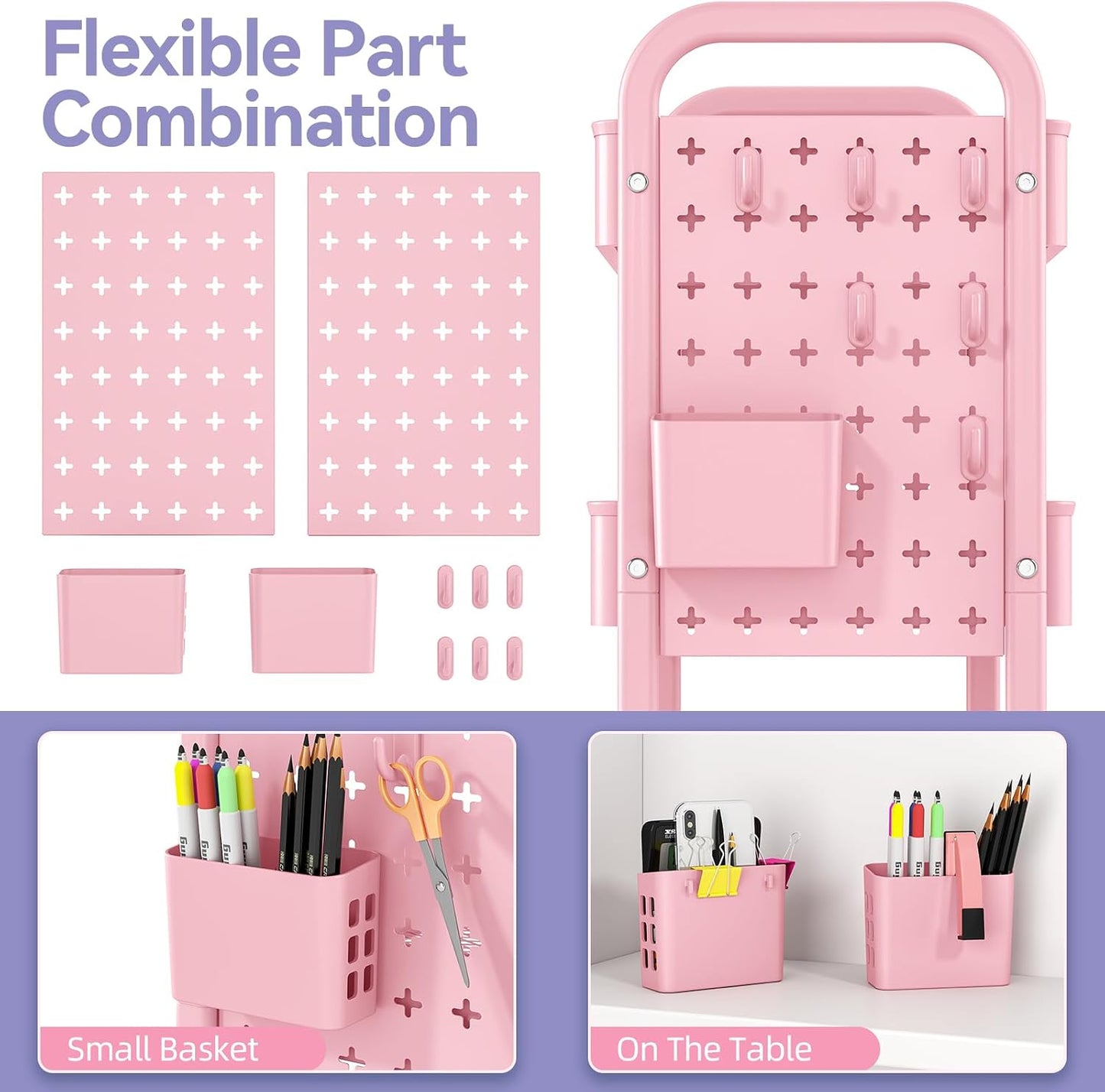 Metal Rolling Storage Cart - 3-Tier Utility Mobile Trolley with DIY Pegboards & Baskets | Pure Pink