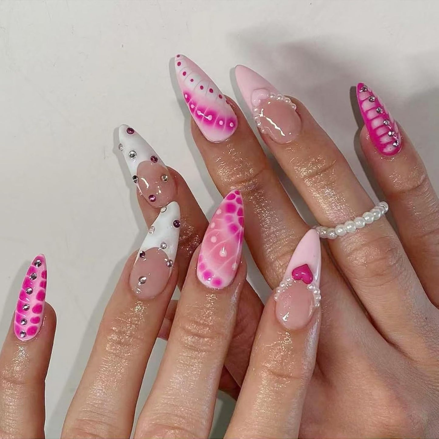 Almond Press-On Nails - Ombre French Tip with Butterfly Designs | 24 Pcs Set for Women