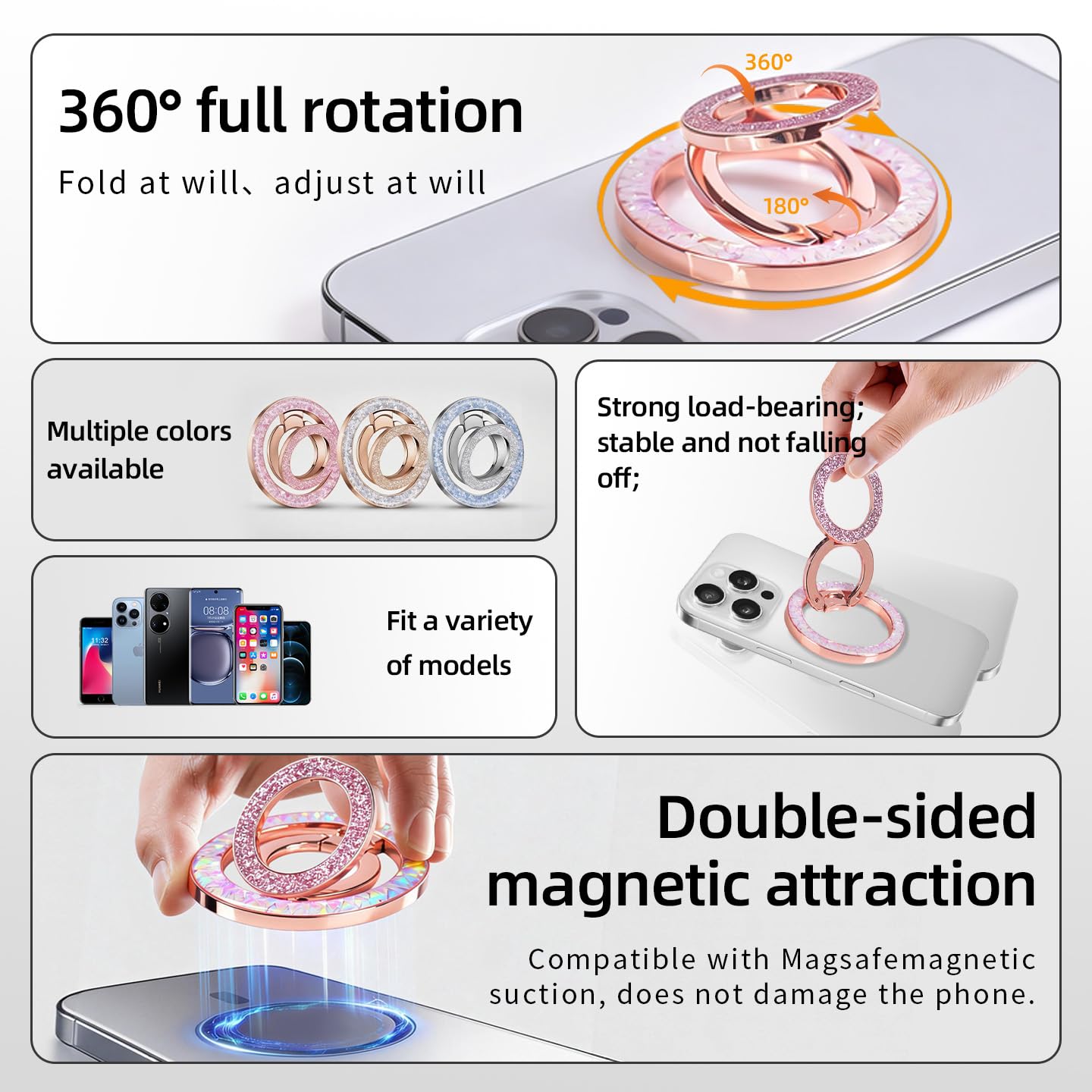 Magnetic Phone Ring for MagSafe Phone Grip - [Super Magnet] Stylish Ring Holder Stand with for iPhone 17 16 15 14 13 12 Pro Max Air, Mag Safe Women Decor Accessories, Glitter Silver 2026 New