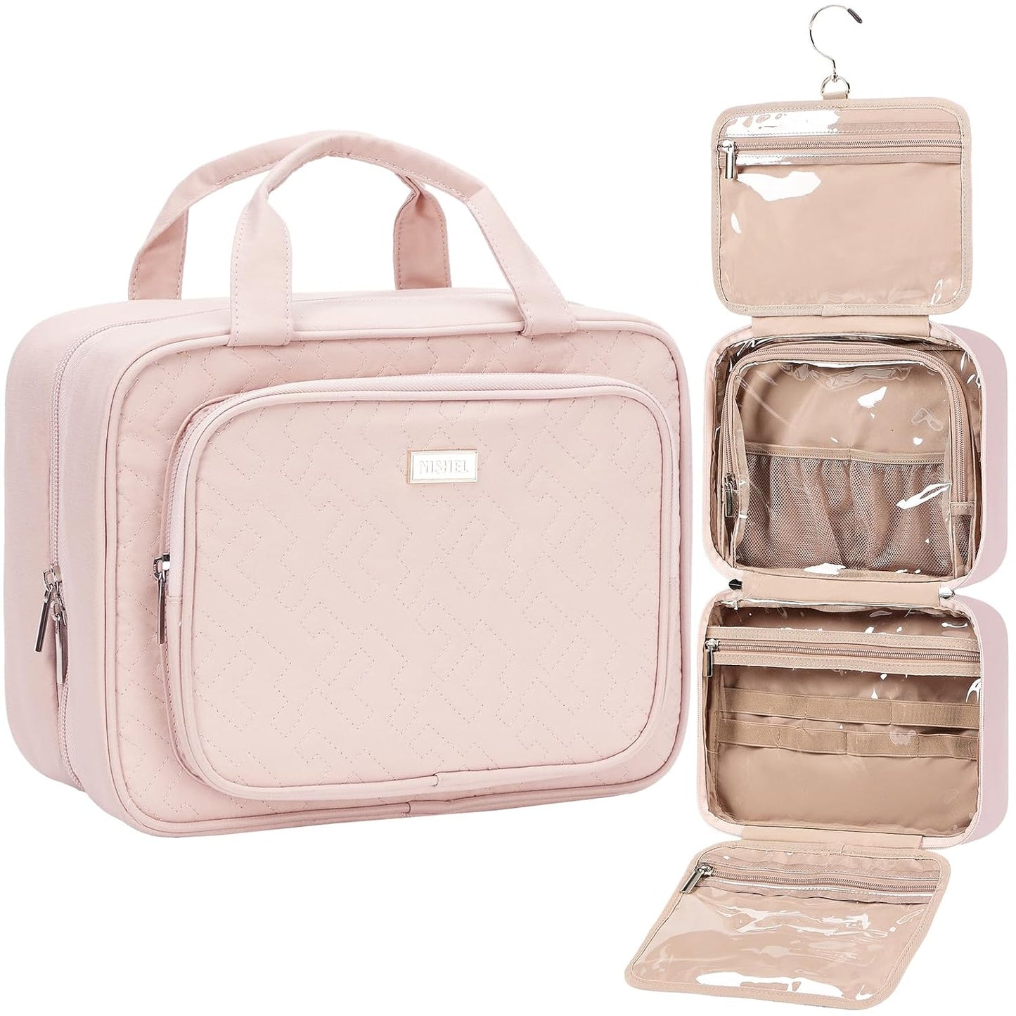NISHEL Travel Toiletry Bag - Large Makeup Organizer for Women | Hanging Case in Rosewood Pink