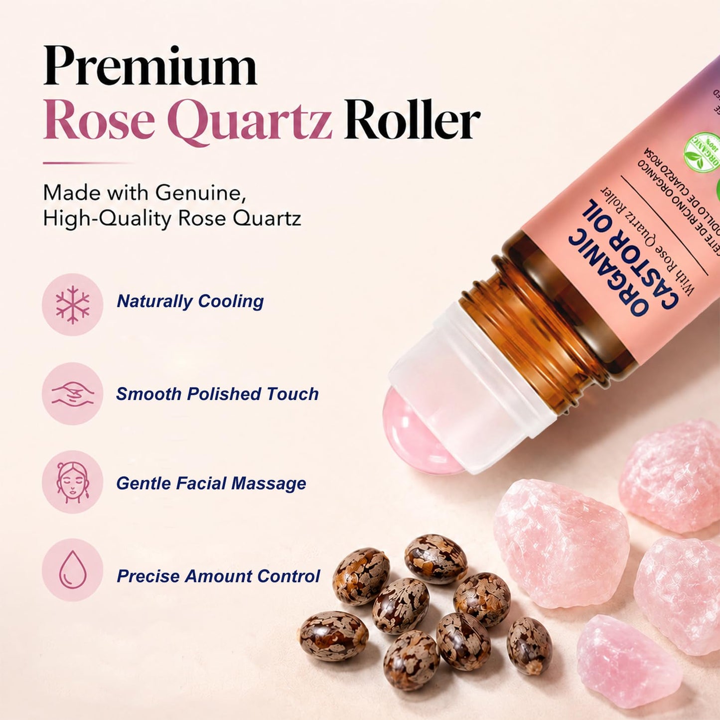 QBHCYH Organic Castor Oil Roll-On with Rose Quartz Roller, 100% Pure Cold-Pressed Castor Oil for Nails, Hair and Skin 1.7 Fl.OZ (50ml)