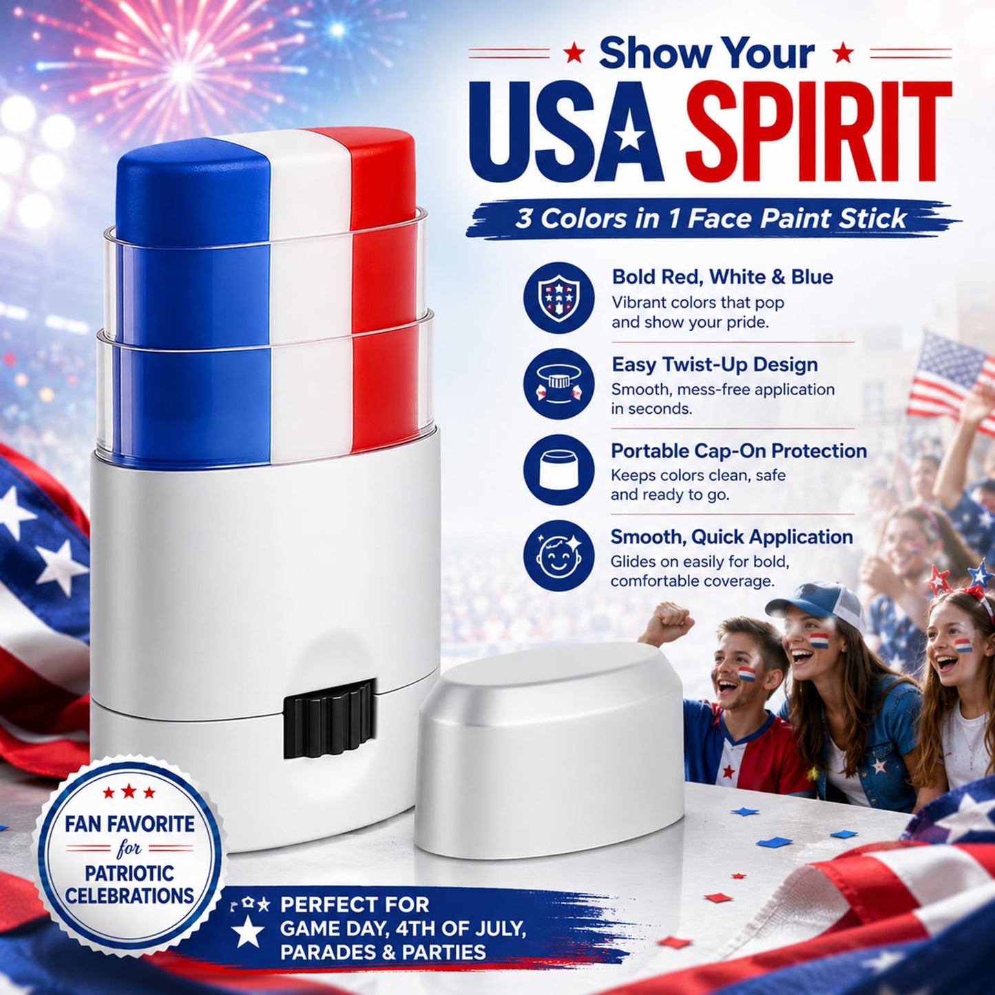 Go Ho Patriotic 2-in-1 Bundle: Red White and Blue Face Body Paint Stick and Baseball Necklace Nylon Tri-Braided Rope Tornado 18 Inch, 4th of July Accessories,USA Team Gifts for Baseball Fans
