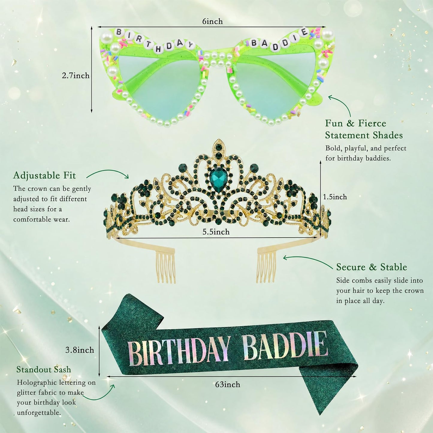 PcwBcn Birthday Baddie Glasses, Green Birthday Queen Sash Tiara Crown for Women Girls, 3 Pcs Elegant Princess Headband Hair Accessories Happy Birth Party Decorations 21st-90th Mom Birth Gifts