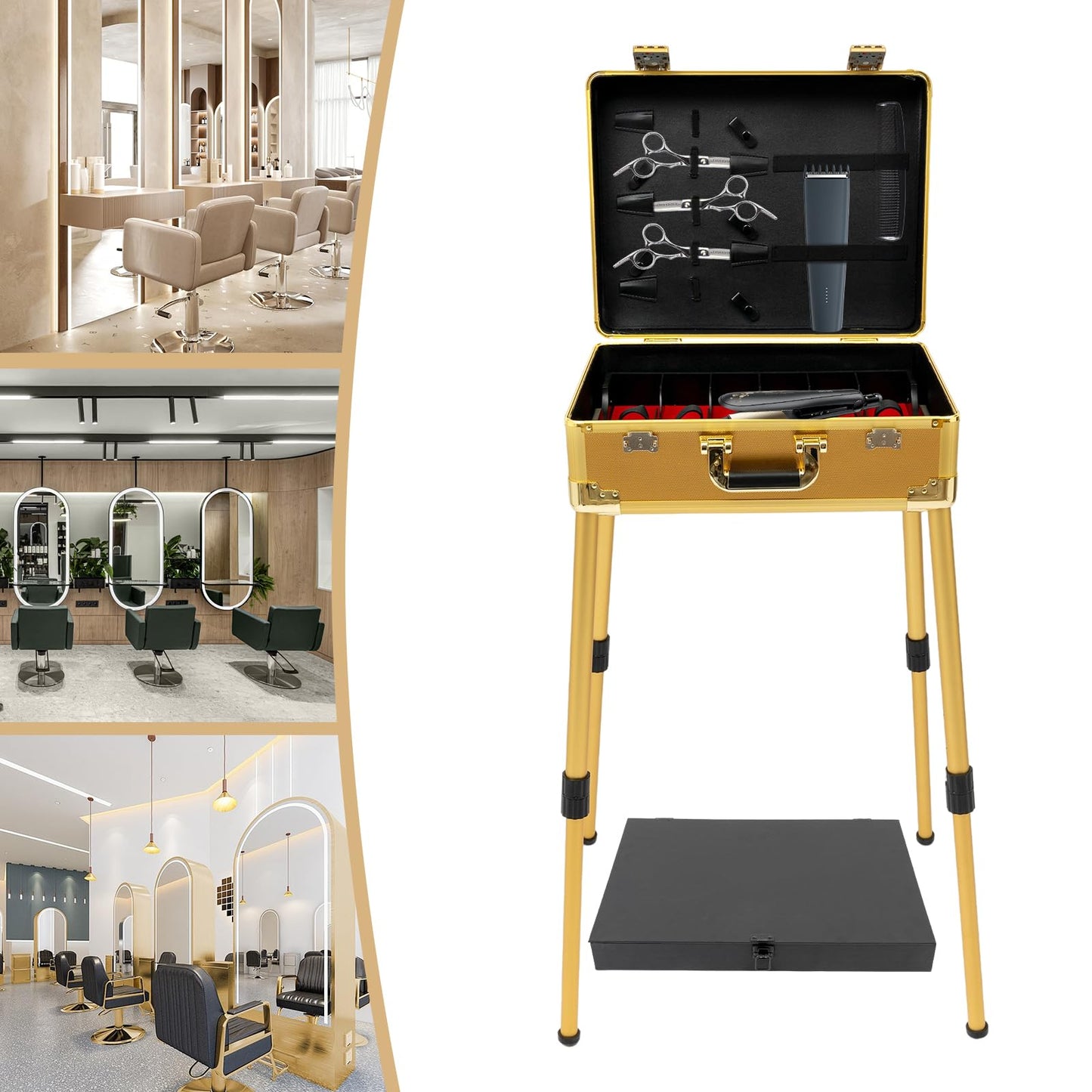 XUFOPLY Mobile Barber Station, Professional Barber Toolbox Floorstanding Barber Carrying Case with 18.11-31.5in Adjustable Height Legs & TSA Lock for Barbershop, Hair Salon (Gold)