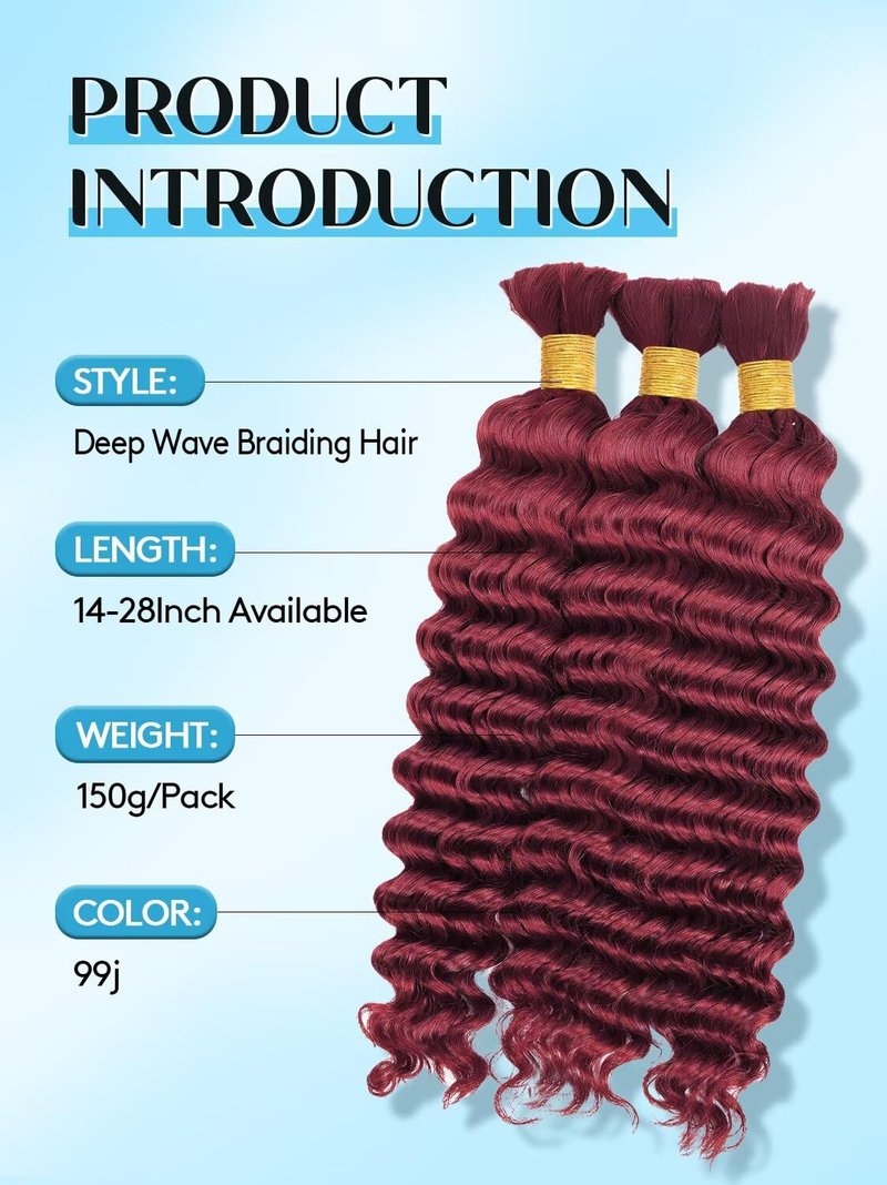100% Unprocessed Human Hair for Braiding, #99J Burgundy Pre-Separated Curly Bulk Hair, 12A Grade Boho Braiding Hair Extensions, Deep Wine Red Color Real Human Hair,16 Inch 150g 3 Bundles