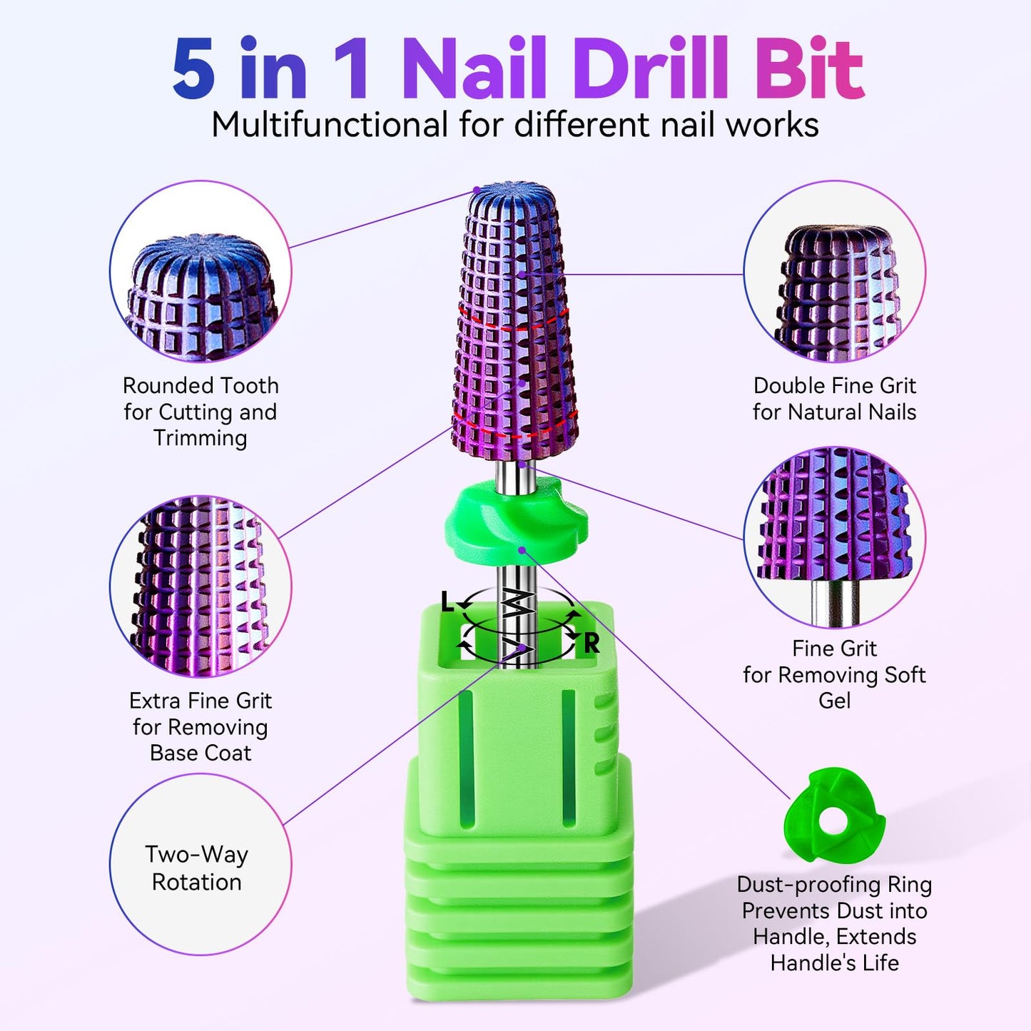 Makartt 5-in-1 Nail Drill Bits - 3/32" Shank Tungsten Carbide Tapered Bit for Fast Removal of Acrylic Nails, Hard Gel & Cuticles, Professional Nail E-File Bits for Nail Drill Machines (Fine, Purple）