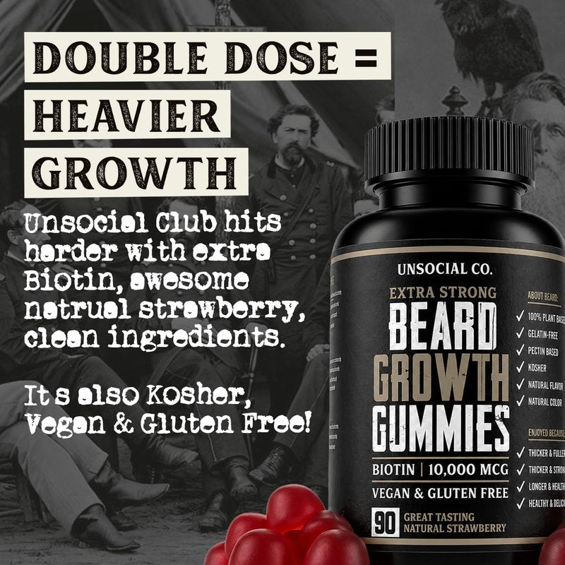 Unsocial Pomade Beard Growth Gummies 90 ct | 10,000mcg Biotin | Vitamin B7 | Vegan, Kosher & Gluten Free | Natural Strawberry Flavor
