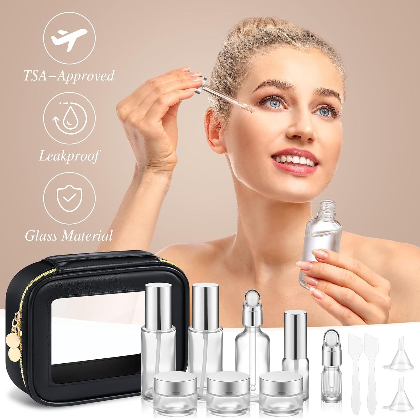 Glass Skincare Travel Containers Set - 13 Pcs Mini Makeup Bottles with Pump Spray & PU Leather Bag | Silver