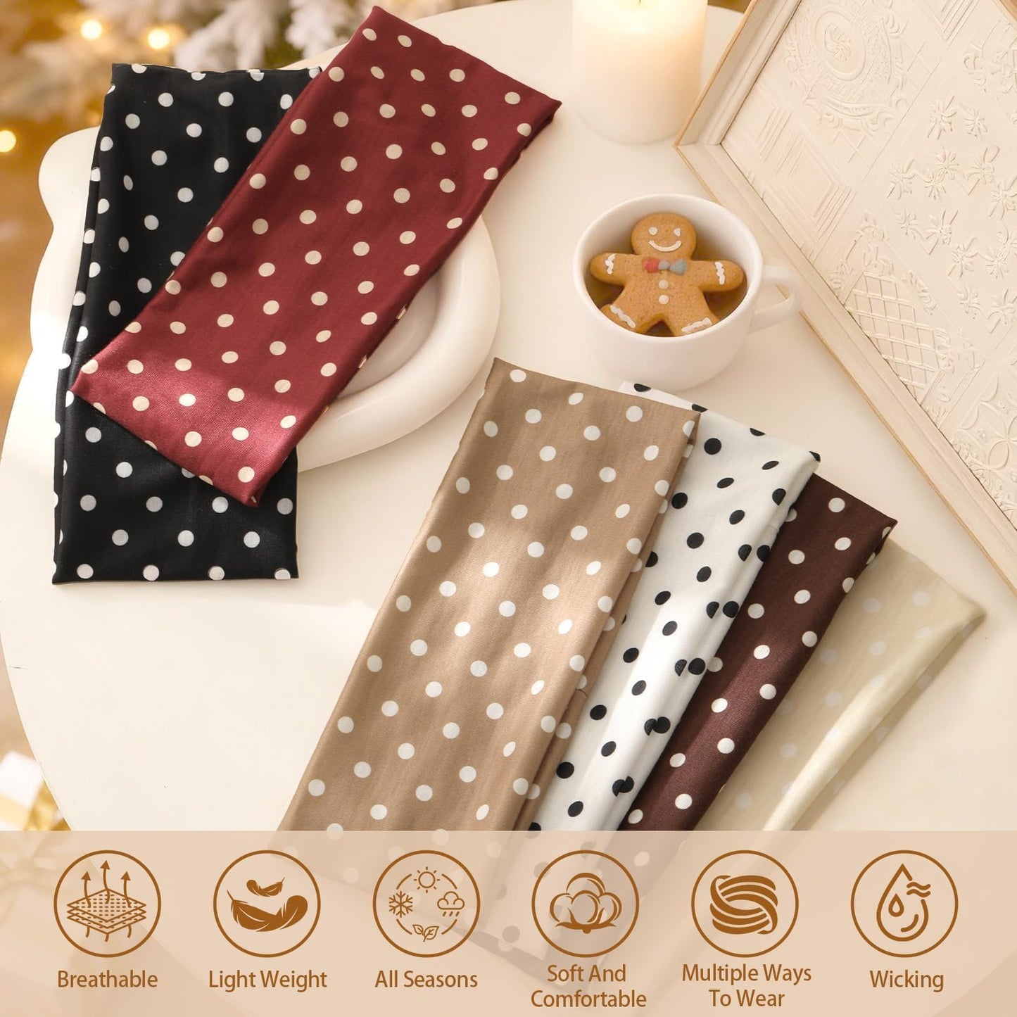 Tiefebene 6 Pack Polka Dot Headband for Women - Non Slip Elastic Floral Hairbands, Soft Fabric Hair Bands for Yoga Workouts, Breathable Head Bands for Hairstyles & Outfits