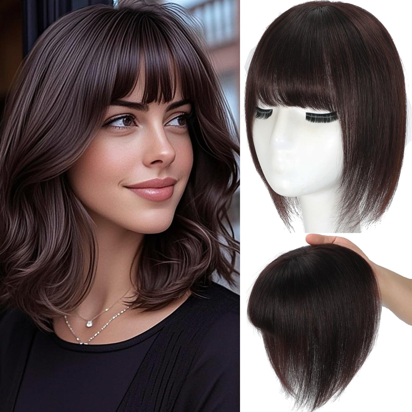 Hair Topper For Women Real Human Hair 10 Inch Super Lightweight Invisible Base Toppers Hairpieces for Women with Thinning Crown Fluffy Breathable for Summer Daily Wear(Chestnut Brown, Wispy Bangs)