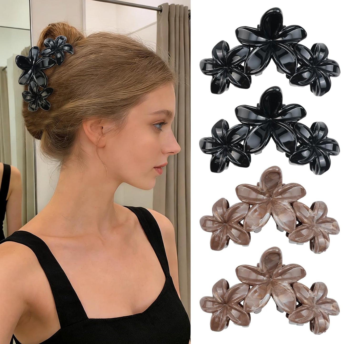 Cute Hawaiian Flower Claw Hair Clips - 4Pcs Large Clips for Thick or Thin Hair | Pink & Red Beach Accessories