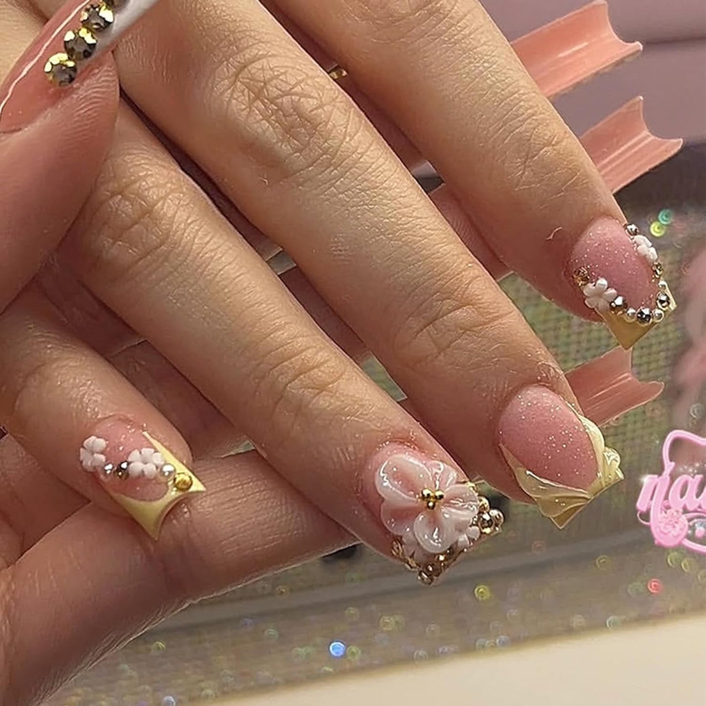 Flower Press On Nails - 24Pcs Short Almond Acrylic Set with 3D Pearl Floral & Gold Chrome Design | Glossy Pink Full Cover