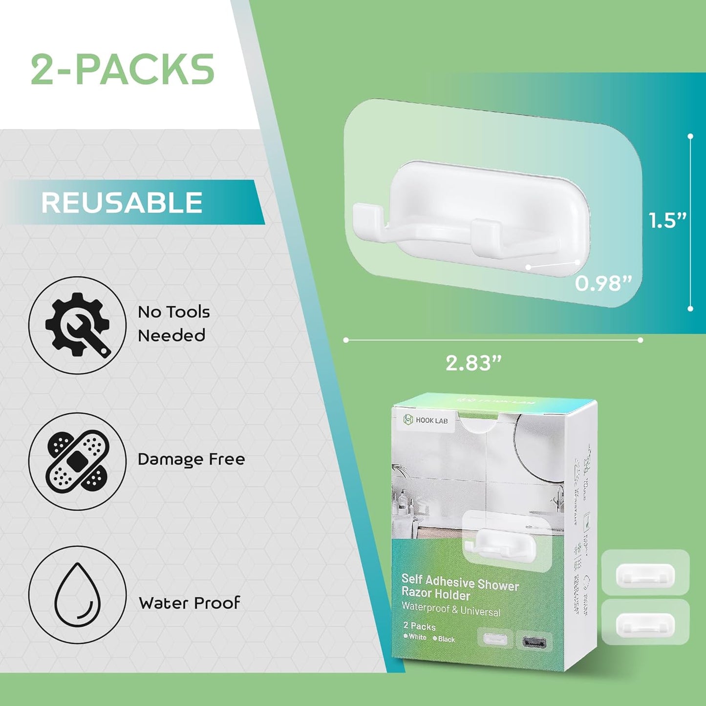 Strong Adhesive Shower Razor Holder - Waterproof Wall Hooks for Bathroom | 2-Pack, No-Drill, Reusable & Removable - White