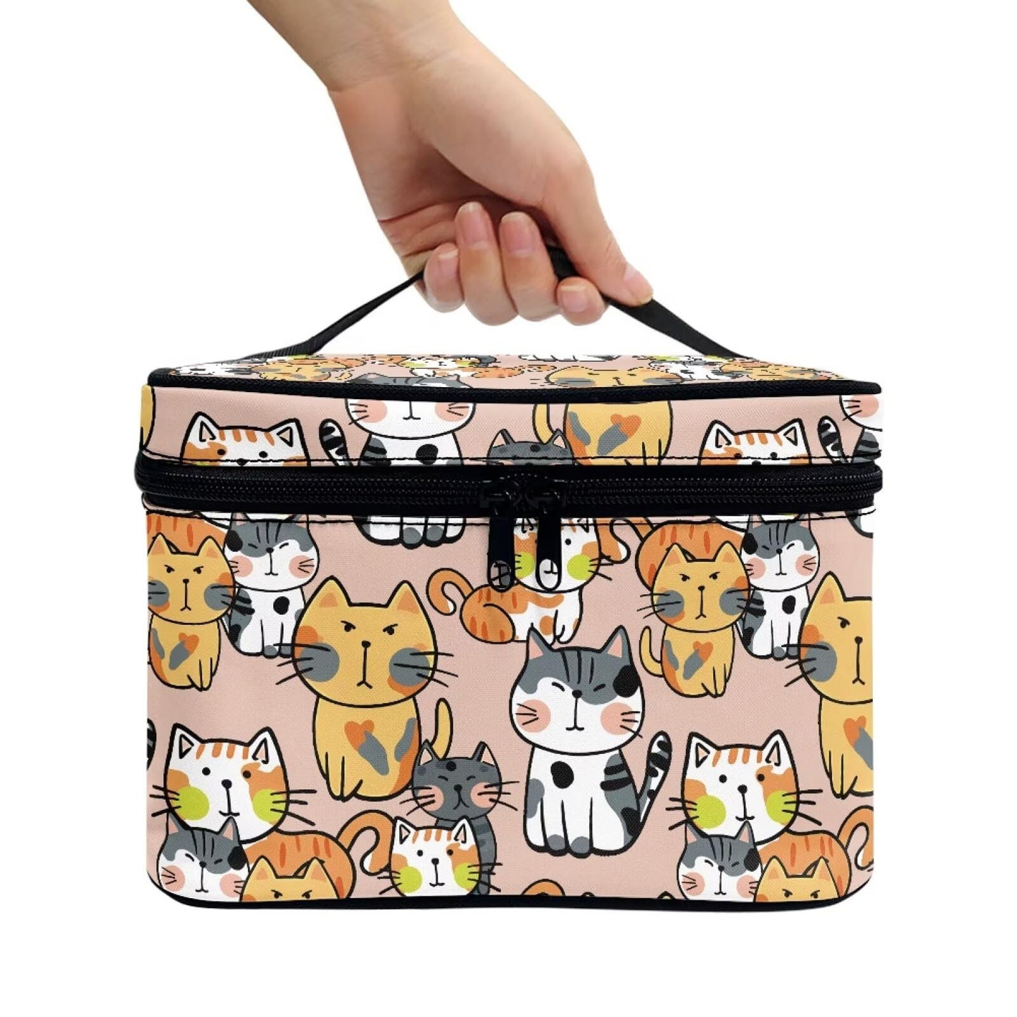 AQYAPTOIY Kawaii Cat Makeup Bag Cosmetic Travel Pouch for Women Large Make Up Bags Portable Cosmetic Storage Bag with Handle Multi-functional Toiletry Bag