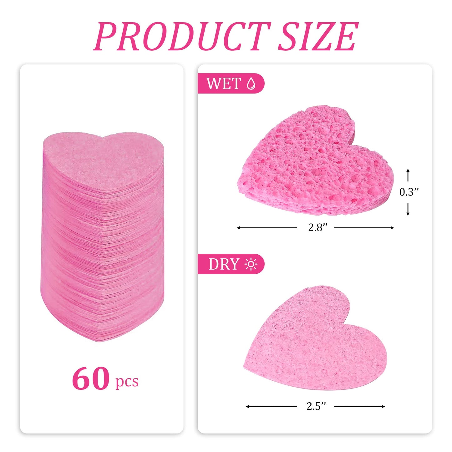 50-Count Kickleen Compressed Cellulose Heart Shape Facial Sponges | Natural Cosmetic Spa Sponges for Facial Cleansing | Exfoliating | Makeup Mask Removal | Reusable | Skin Massage (50 Count (Pink))