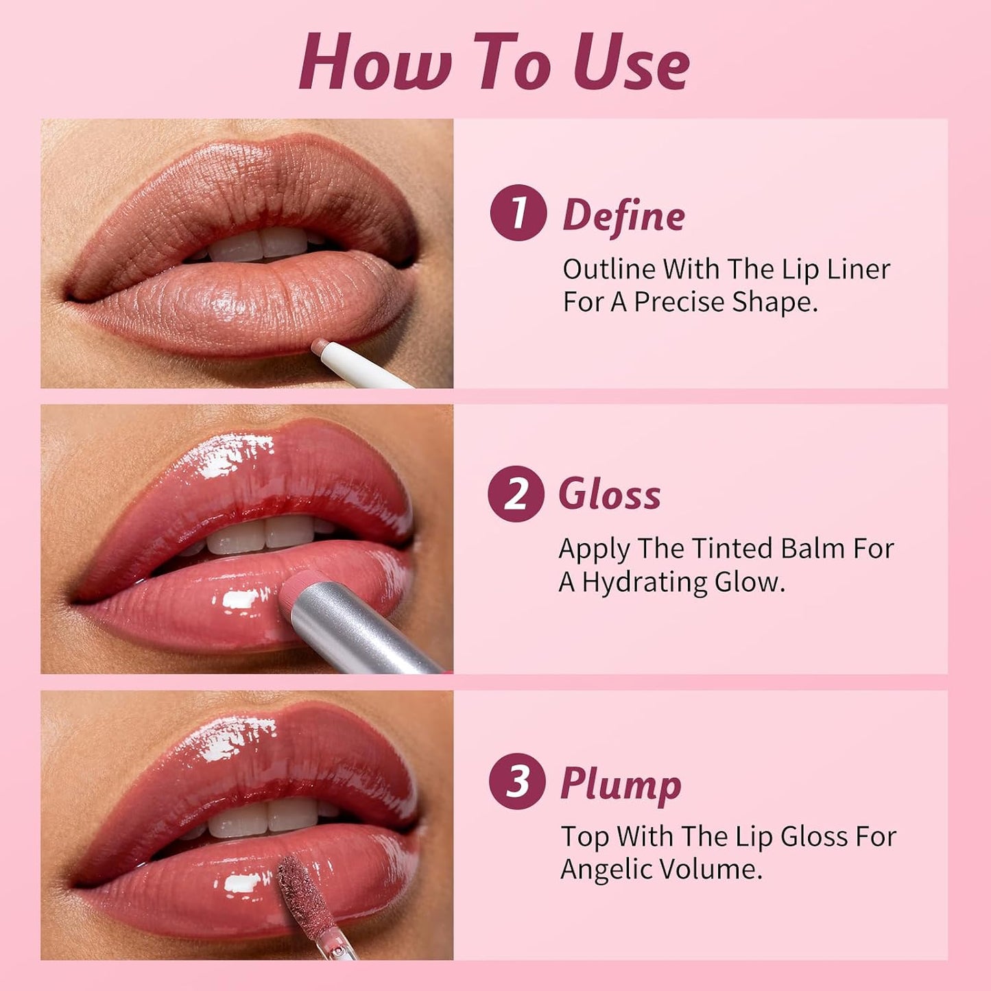 Korean Lip Plumping Kit - 3-Step Waterproof Lip Makeup Set | Non-Sticky, Long-Lasting Satin Finish, Sweet Fig