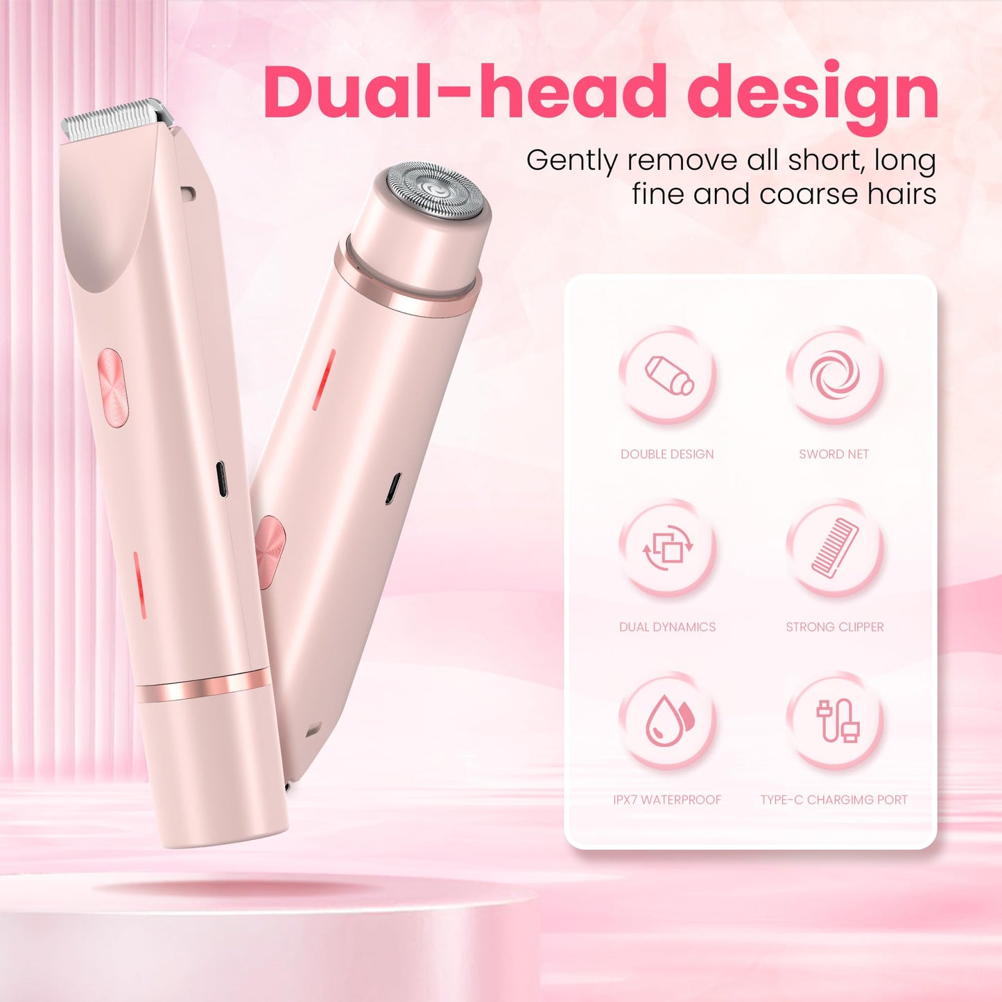 YZDJQX Bikini Trimmer for Women-2 in 1 Dual Head Electric Razors,IPX7 Waterproof Bikini Electric Shaver,Dry & Wet Use Painless Bikini Shaver,Pubic Hair Trimmer for Private Area & Body Hair, Pink