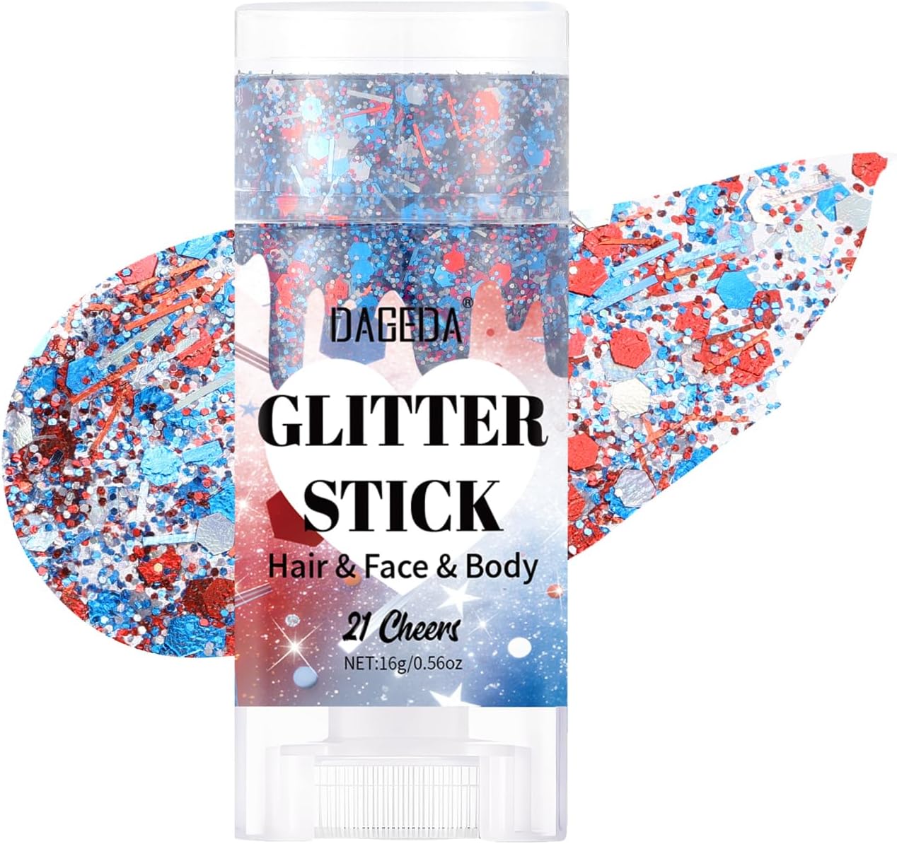 Red White Blue Body Glitter Stick - Sparkly Face Glitter Makeup for 4th of July | Shimmer Face Paint Stick