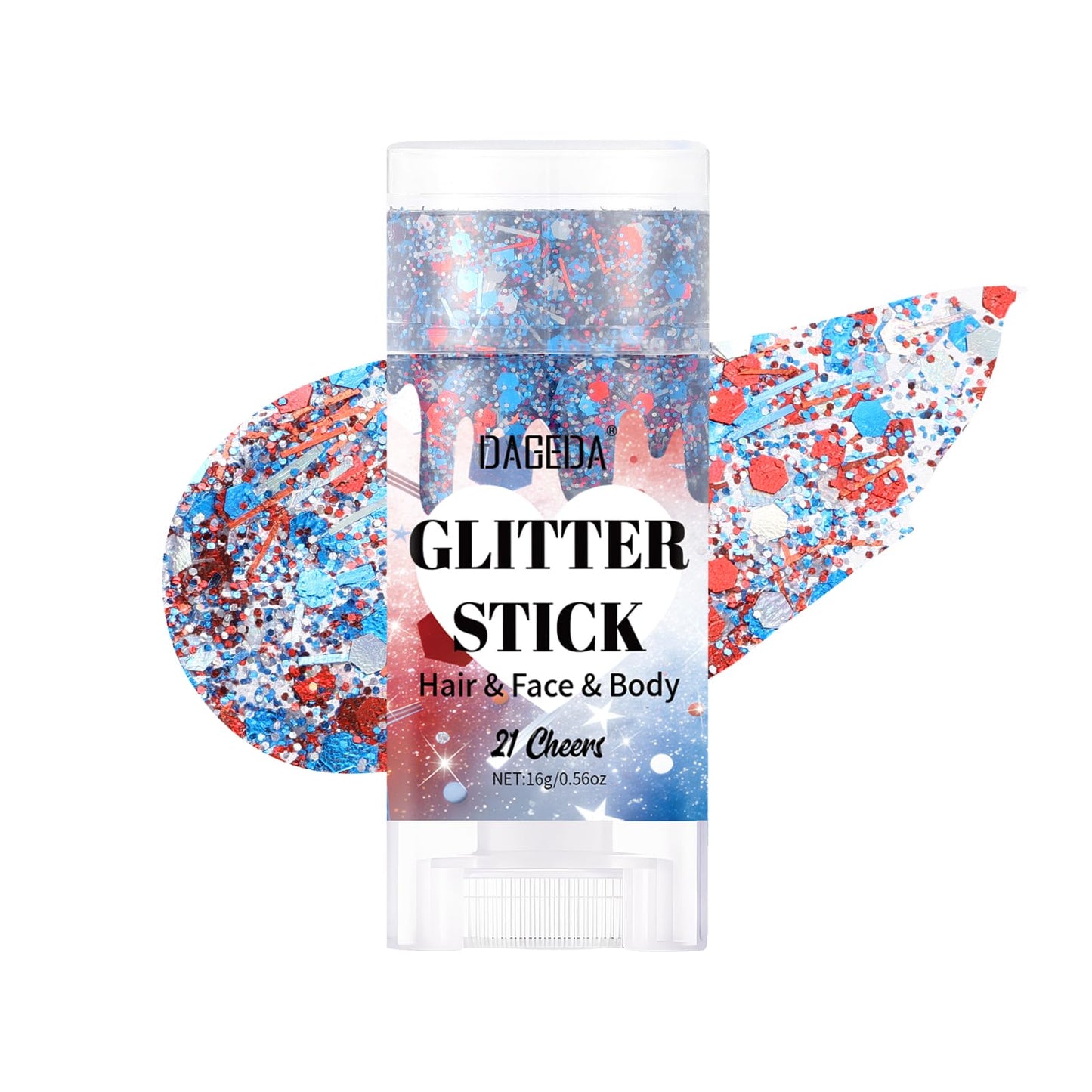 DAGEDA Red White Blue Body Glitter Stick, Sparkly Face Glitter Makeup, 4th of July Outfits Accessories for Women, Shimmer Face Paint Stick, Fourth of July Independence Day Costumes Accessories(Cheers)