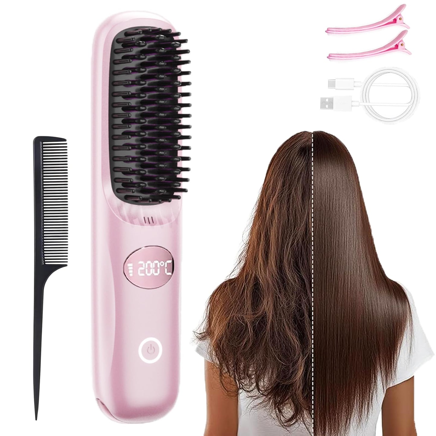 Cordless Hair Straightener Brush, Go Brush Pro, Portable Mini Straightening Brush for Women with 3 Temperature Settings LED Display, Fast Heating Hair Straightener Comb for Travel Smooth Frizz Hair