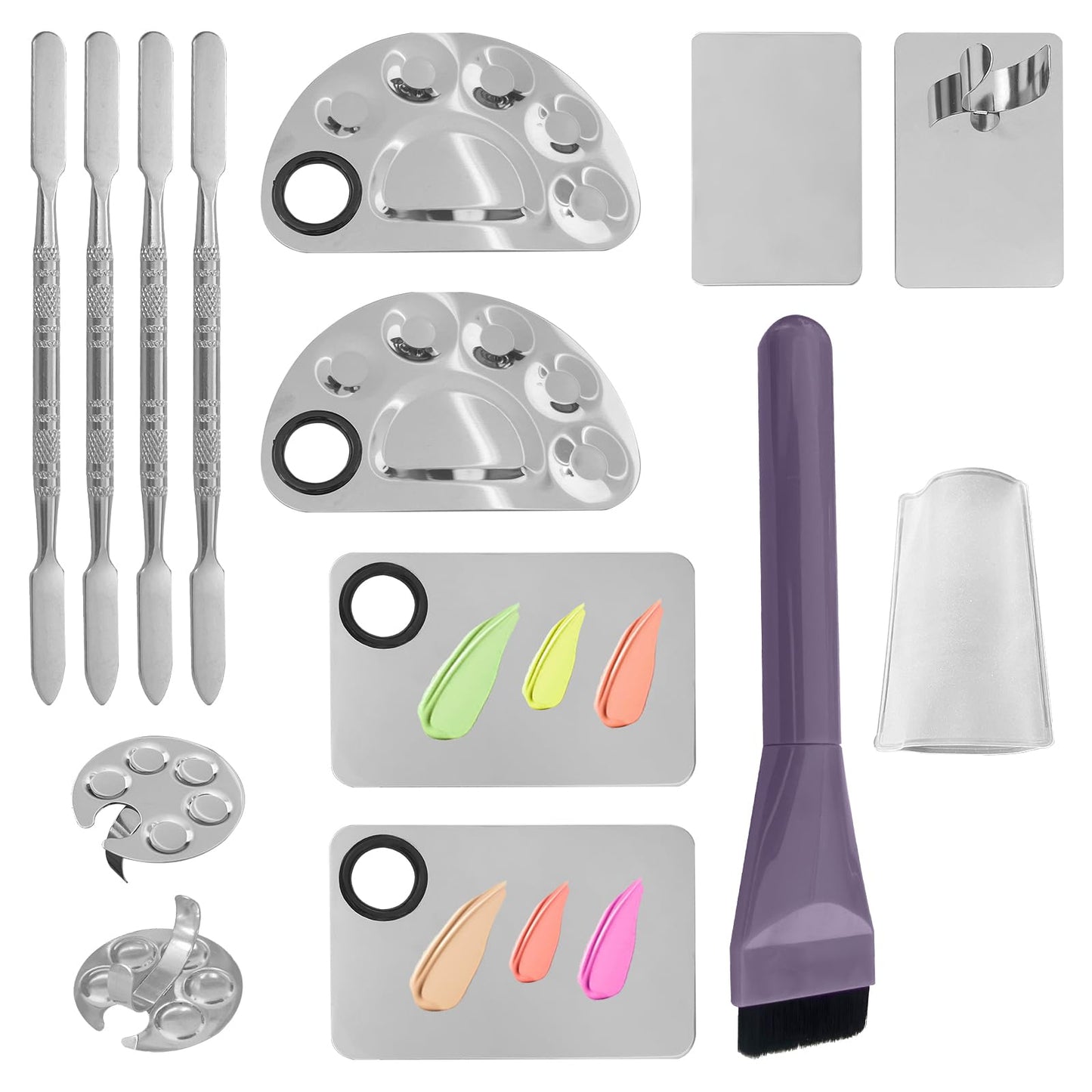 8Pcs Makeup Mixing Tray Makeup Palette with 4Pcs Makeup Spatula and a Makeup Brush, Stainless Steel Makeup Palette Mixing Tray Nail Art Foundation