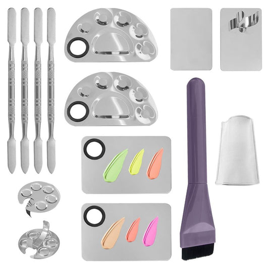8Pcs Makeup Mixing Tray Makeup Palette with 4Pcs Makeup Spatula and a Makeup Brush, Stainless Steel Makeup Palette Mixing Tray Nail Art Foundation