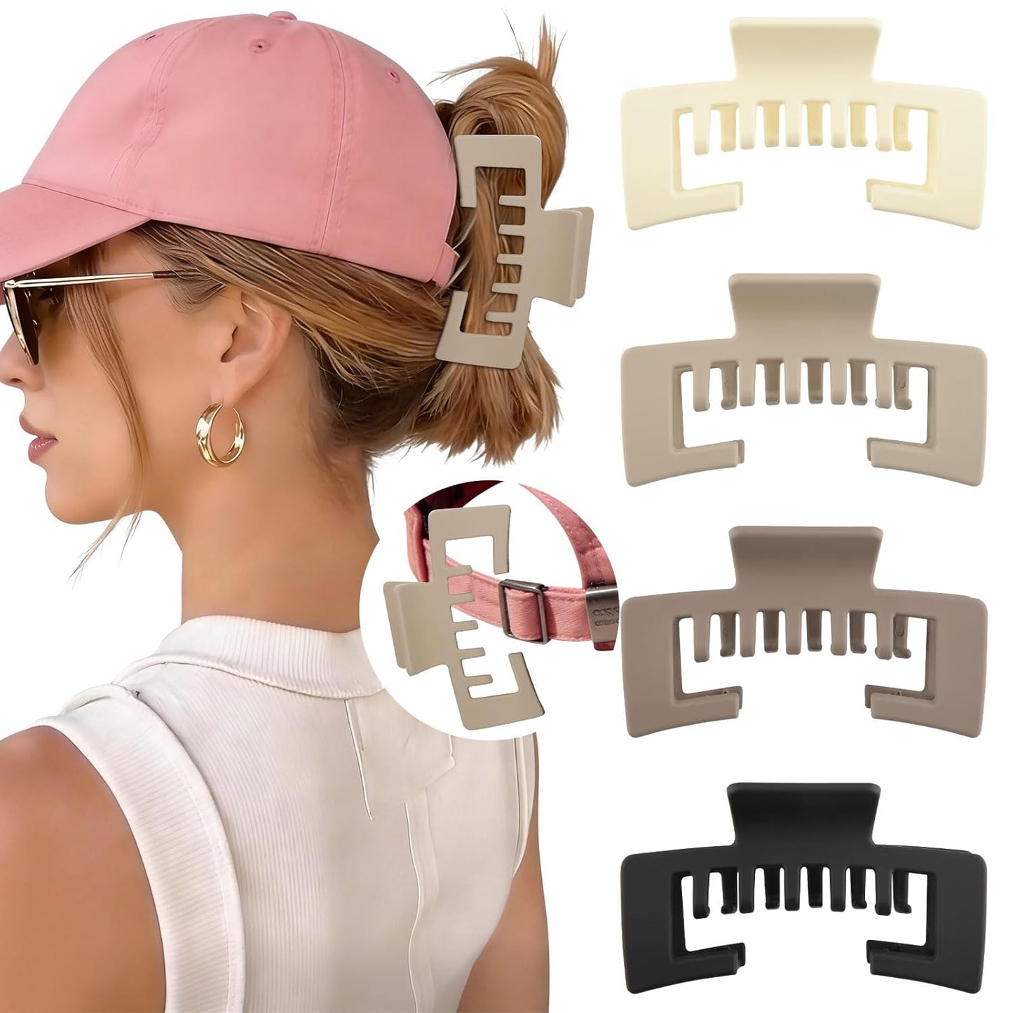 Hat-Friendly Claw Clips for Baseball Caps - 4 Pcs Hair Accessories for Thick Hair | Stylish Trucker Hat Clips