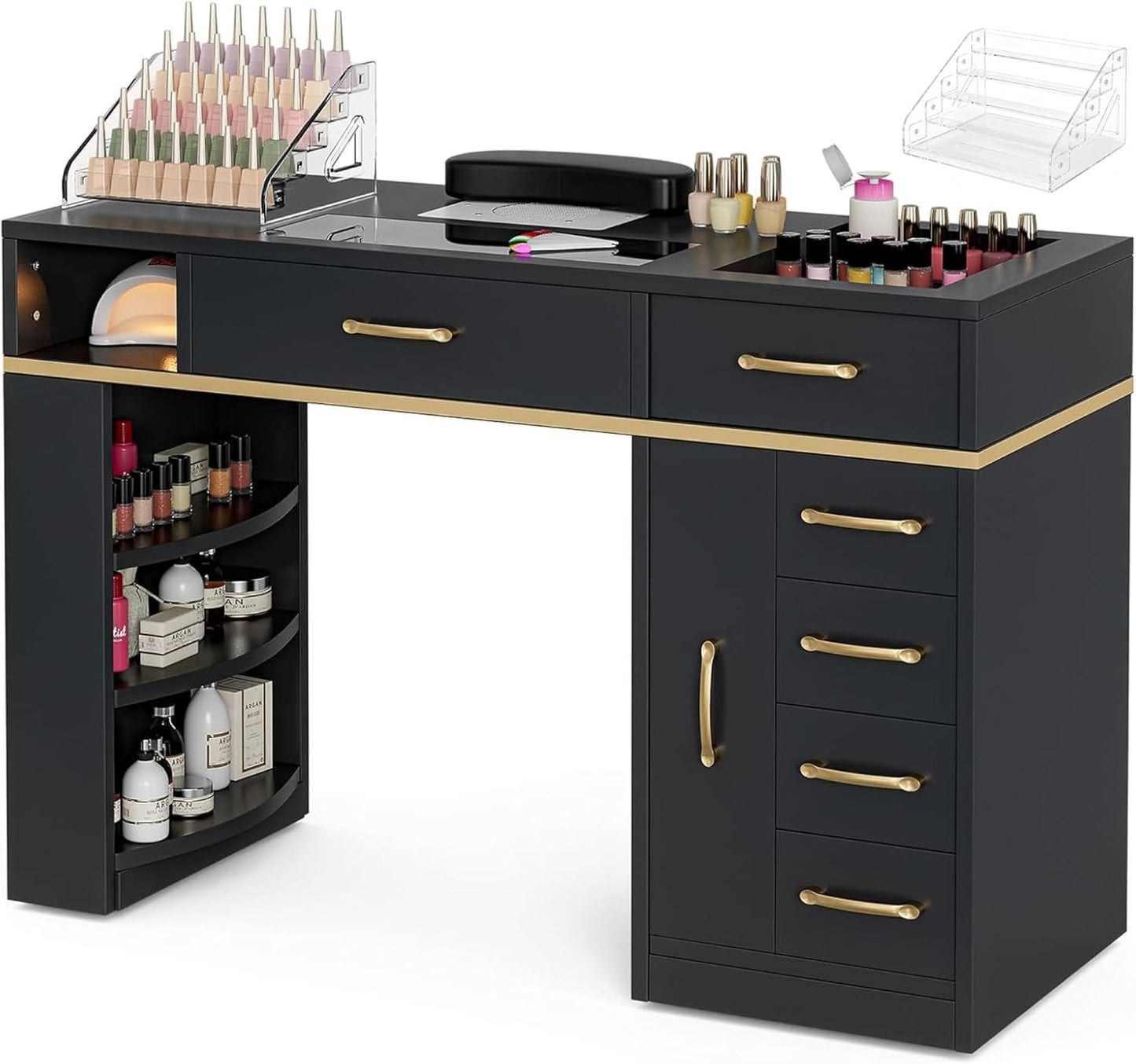 Manicure Table Nail Station - Glass Top Nail Table with Electric Dust Collector, 7 Drawers & Shelves | Black Vision