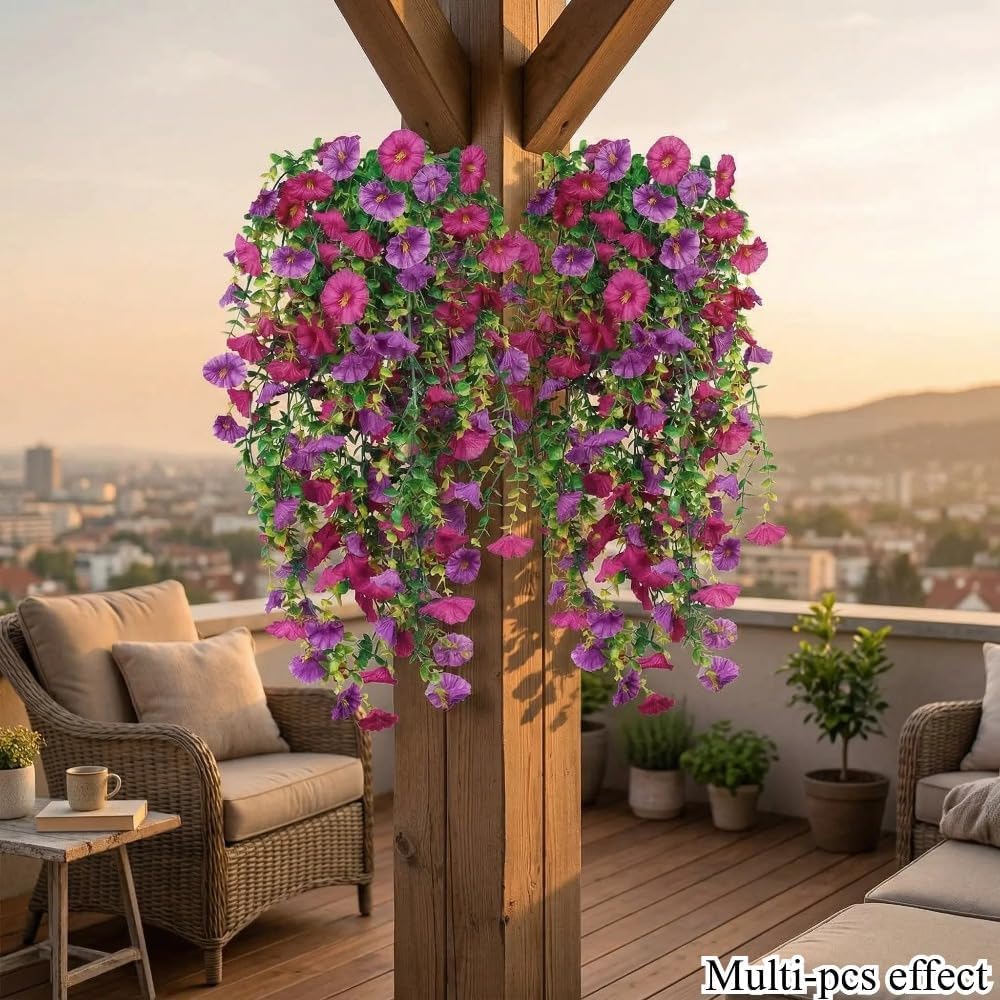 Artificial Hanging Flower Basket - UV Resistant Faux Silk Petunias & Morning Glory | Rose Red & Purple Mix for Outdoor Decor