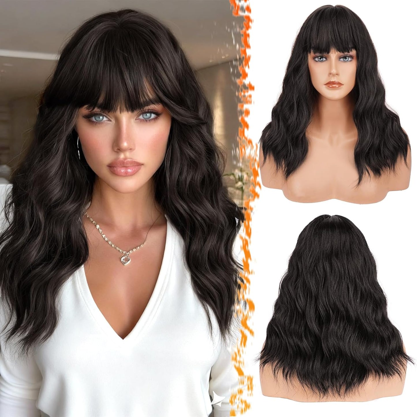 Long Wavy Blonde Curtain Bangs Wig - 26" Synthetic Ombre Wig with Dark Roots | Soft Natural Look