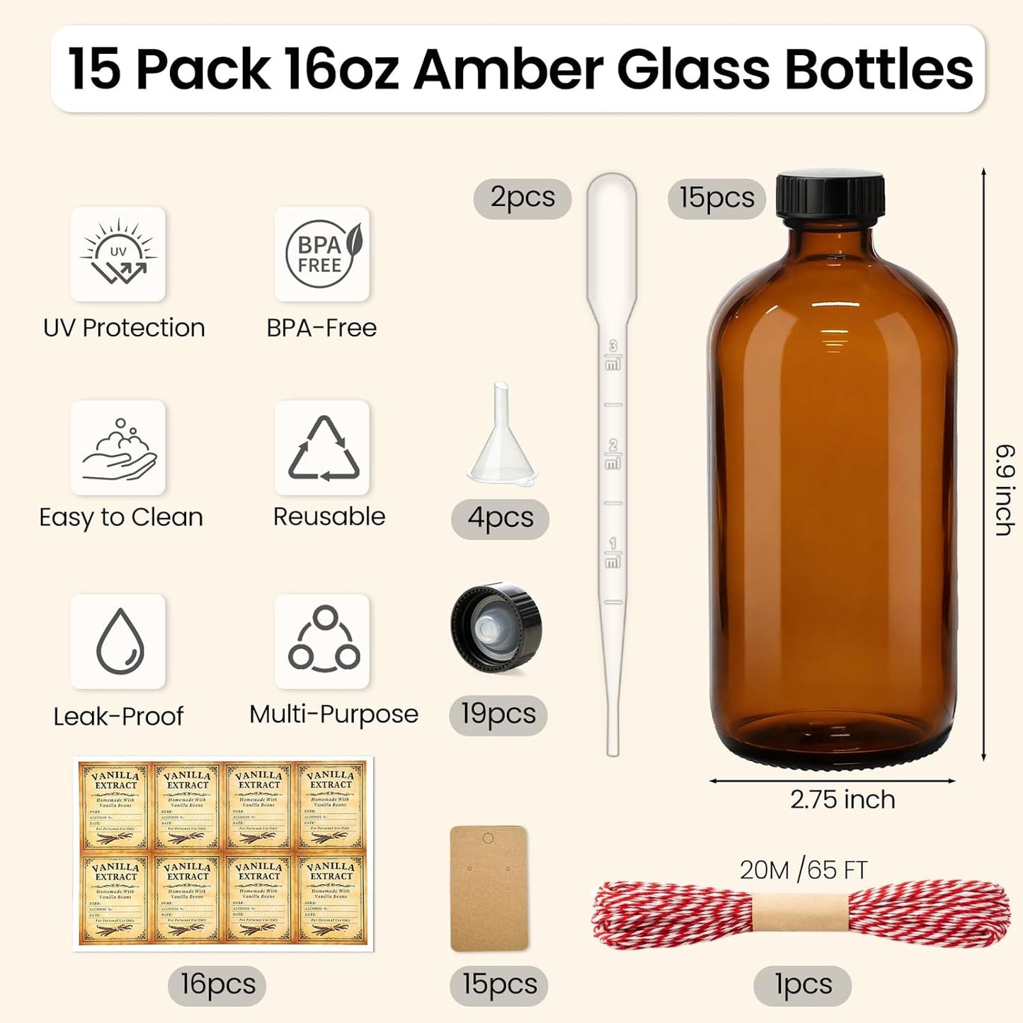 15oz Amber Glass Bottles - 16 Pack Boston Round with Airtight Caps for Extracts, Kombucha & Herbal Liquids