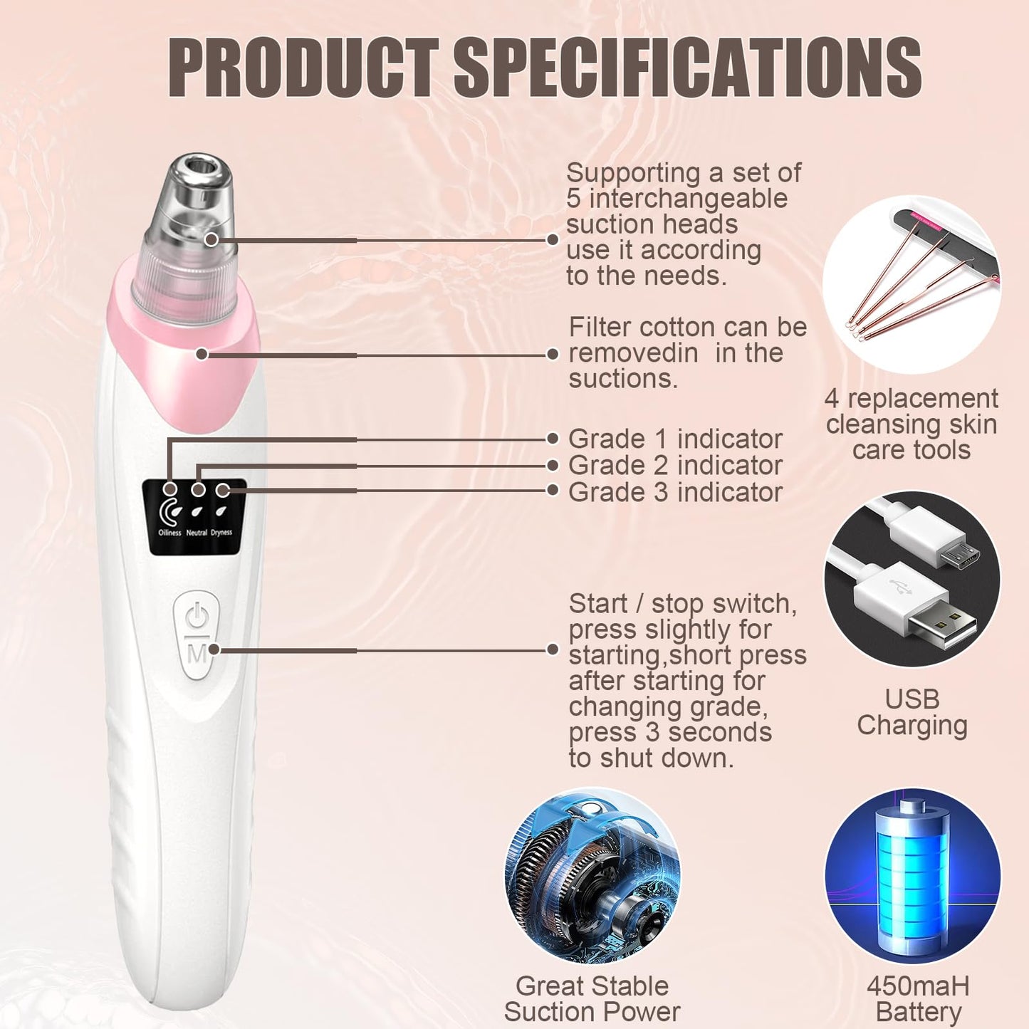 2026 Blackhead Remover Pore Vacuum,Facial Pore Cleaner-5 Suction Power,5 Probes,USB Rechargeable Blackhead Vacuum Kit Electric Pore Vacuum Tool for Adult